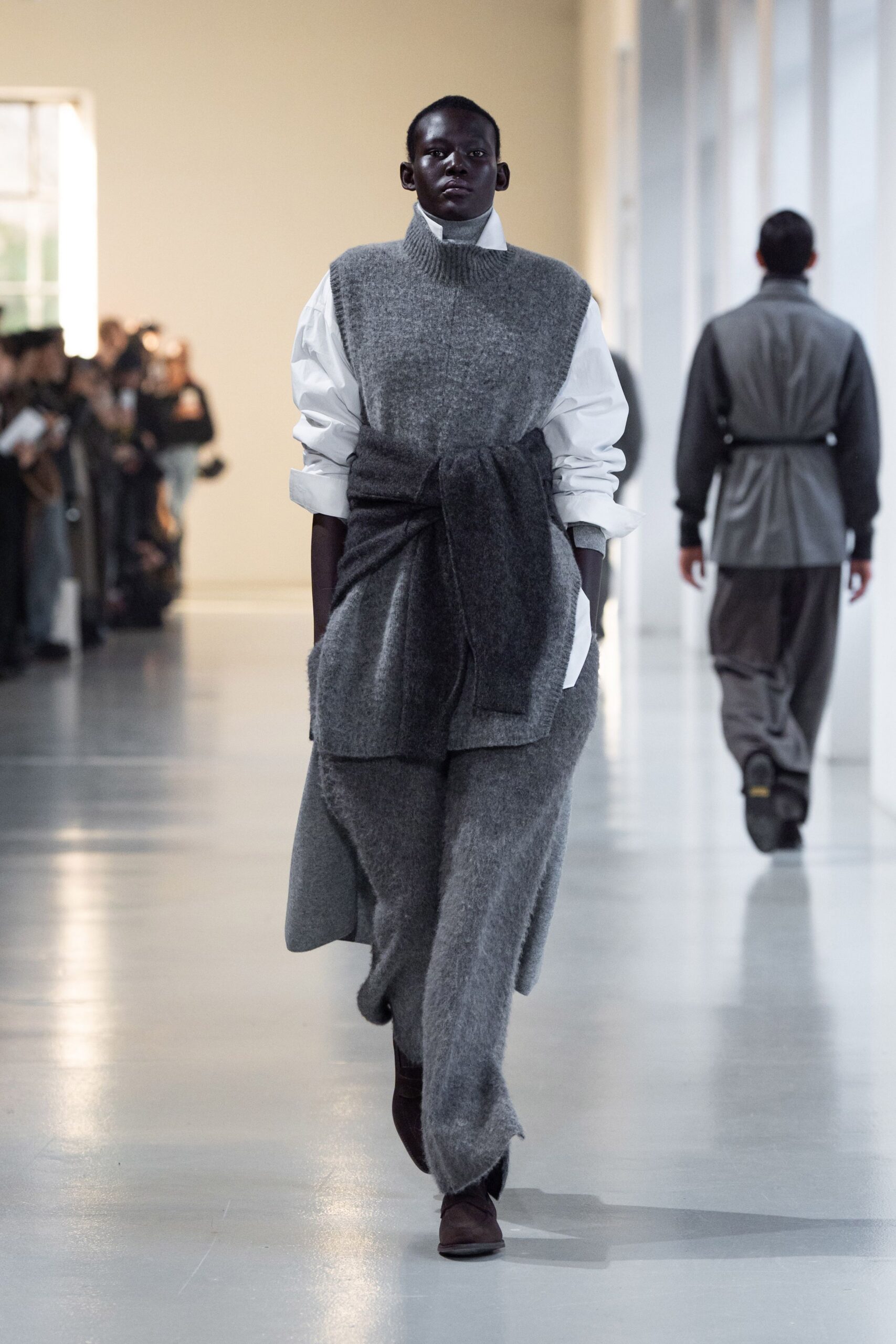 gray wool sweater with white shirt