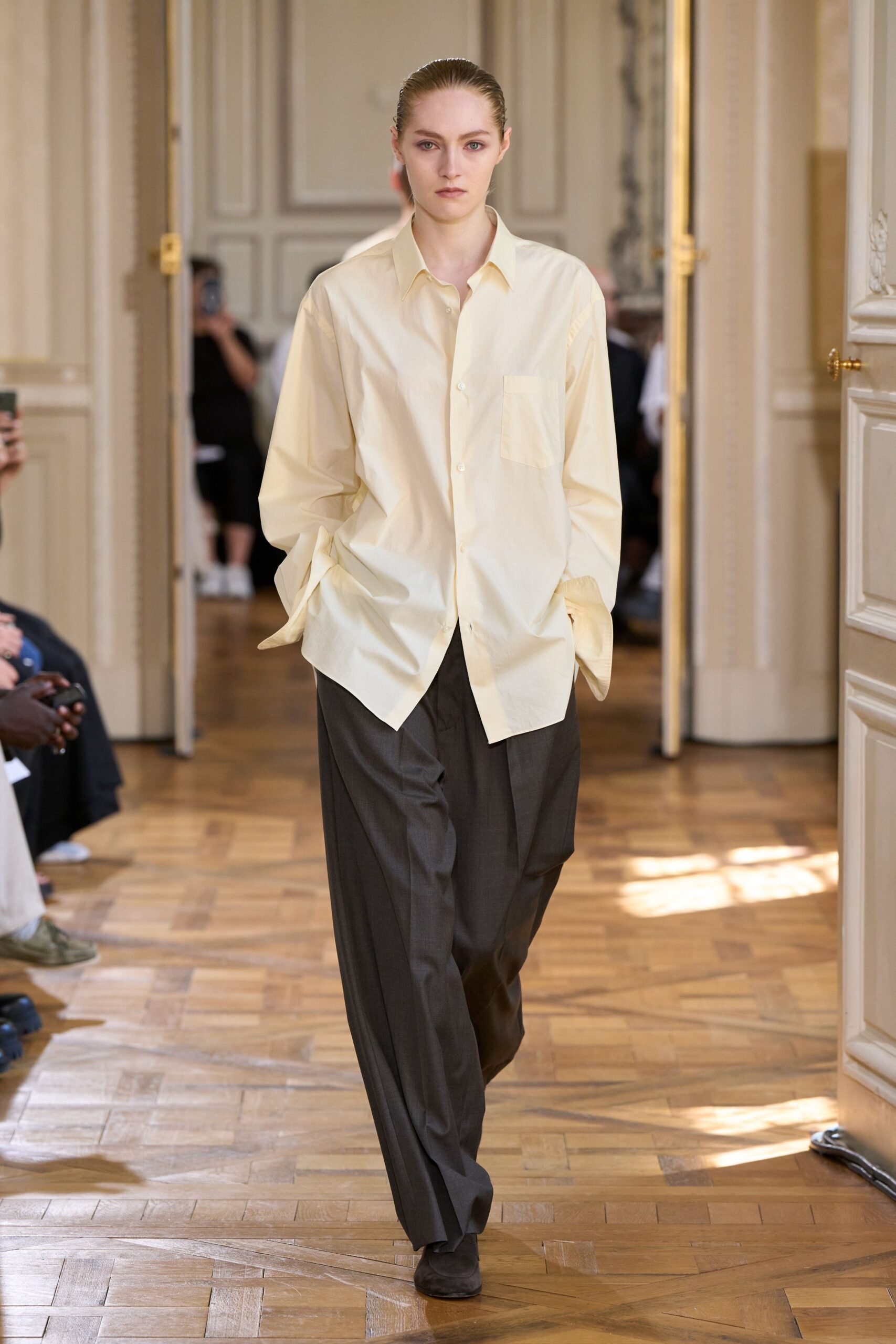 yellow relaxed shirt gray tailored pants