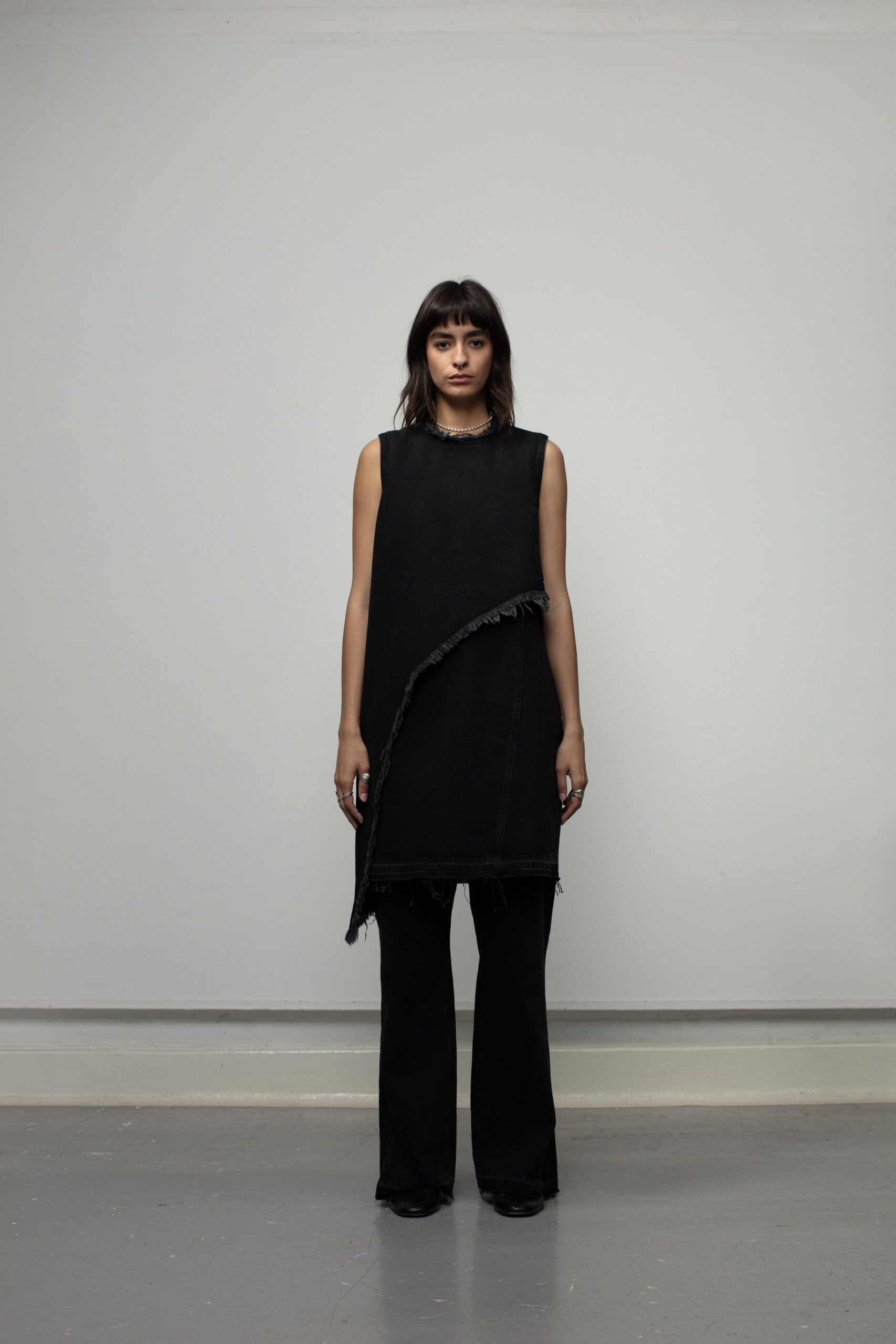 black denim sleeveless asymmetric relaxed fringed short dress