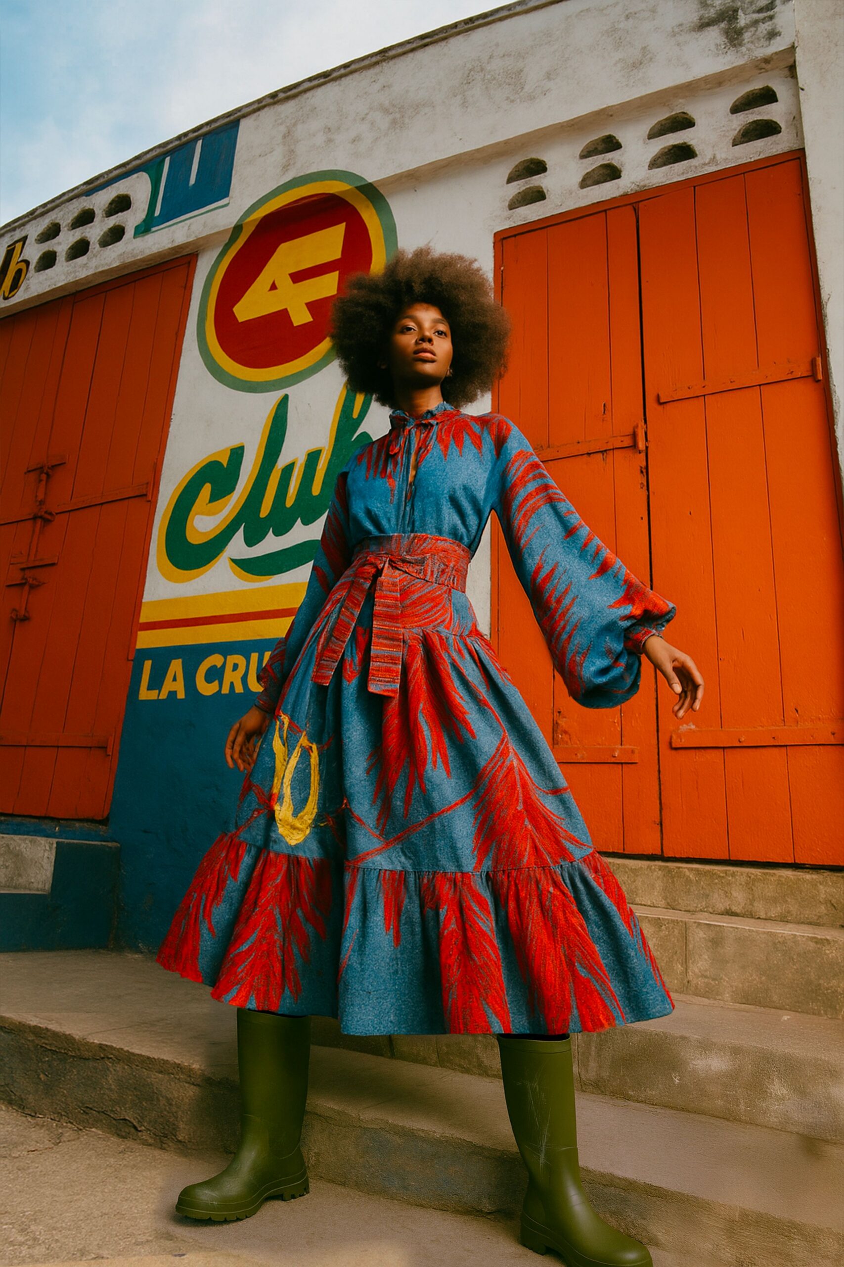 blue cotton long-sleeve collared fitted tiered printed dress