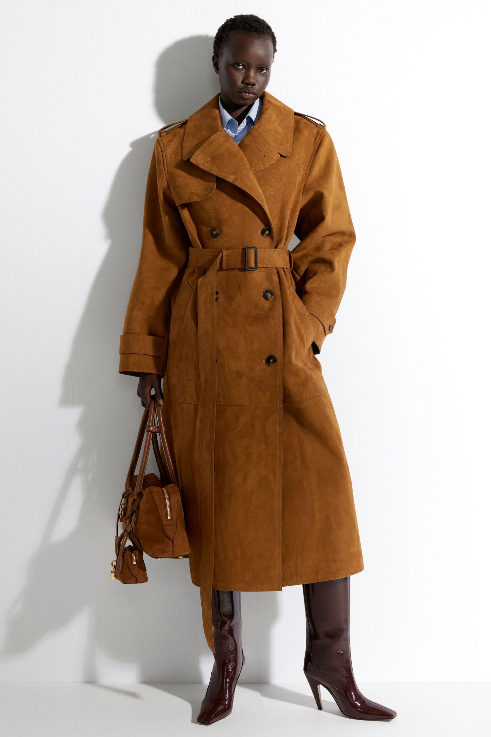 brown suede long-sleeve collared relaxed belted trench