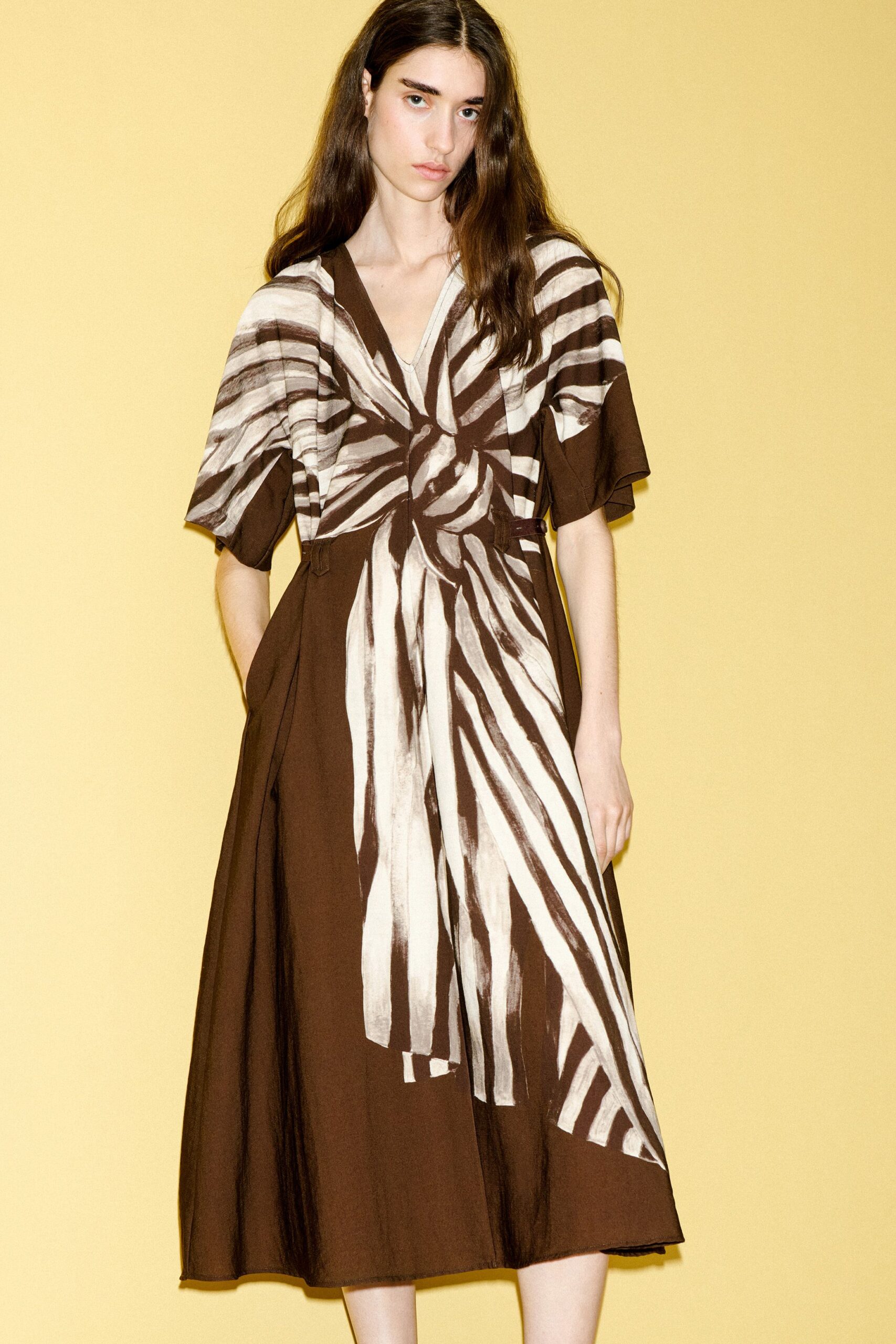 brown and white printed midi dress