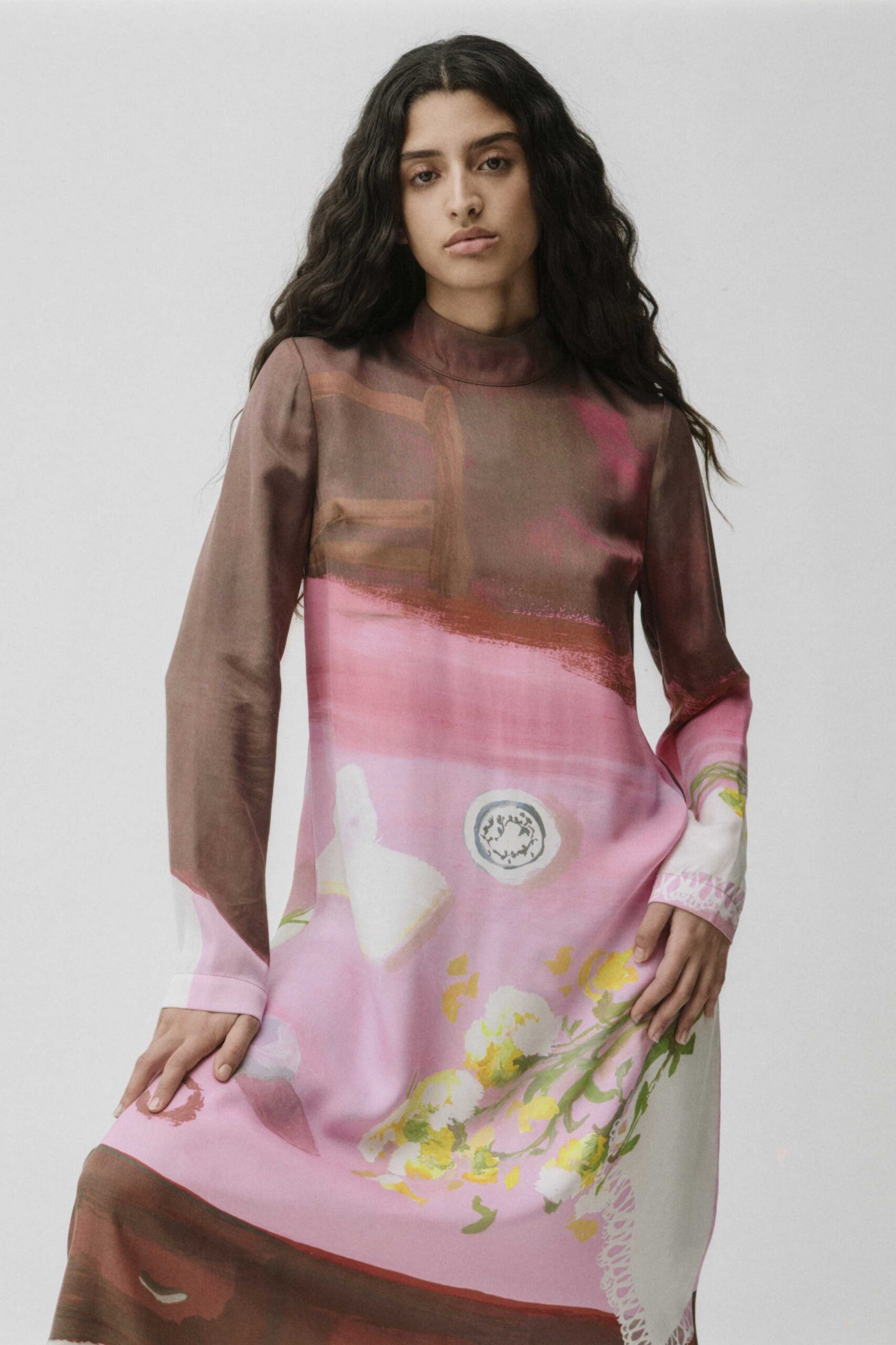 pink and brown printed midi dress