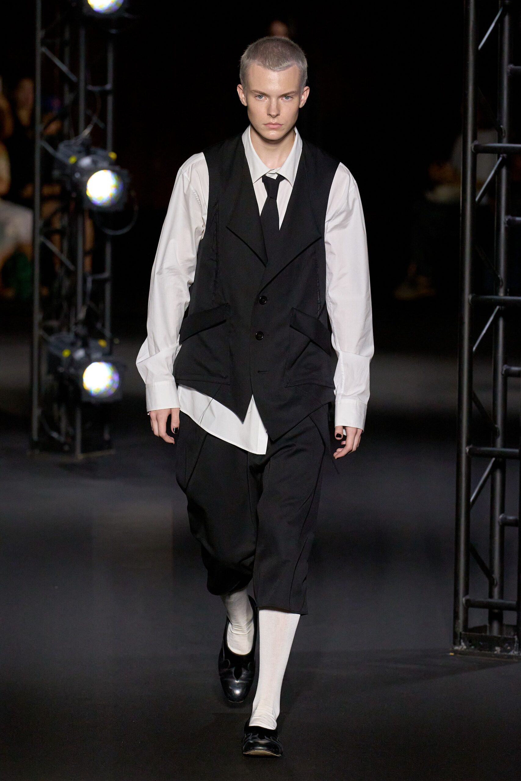 black cotton long-sleeve collared tailored buttoned vest