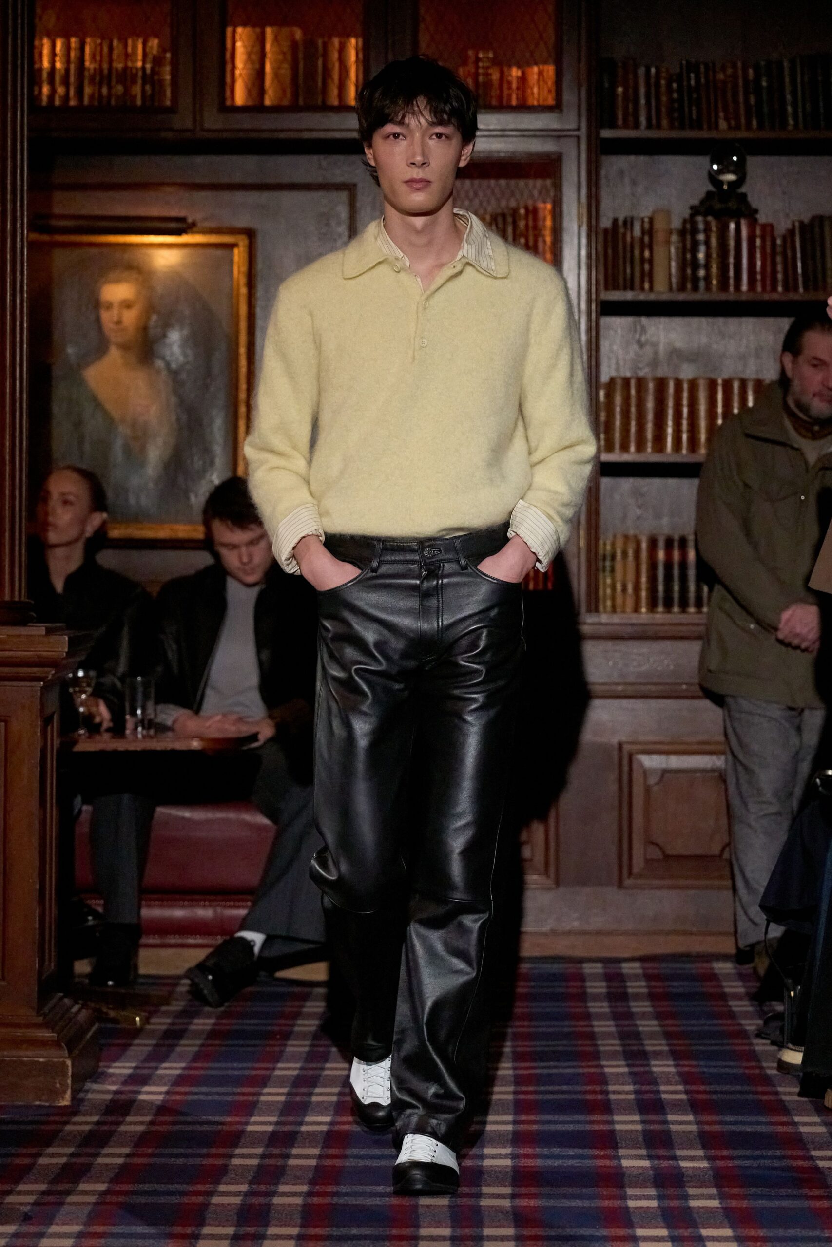yellow wool sweater black leather pants