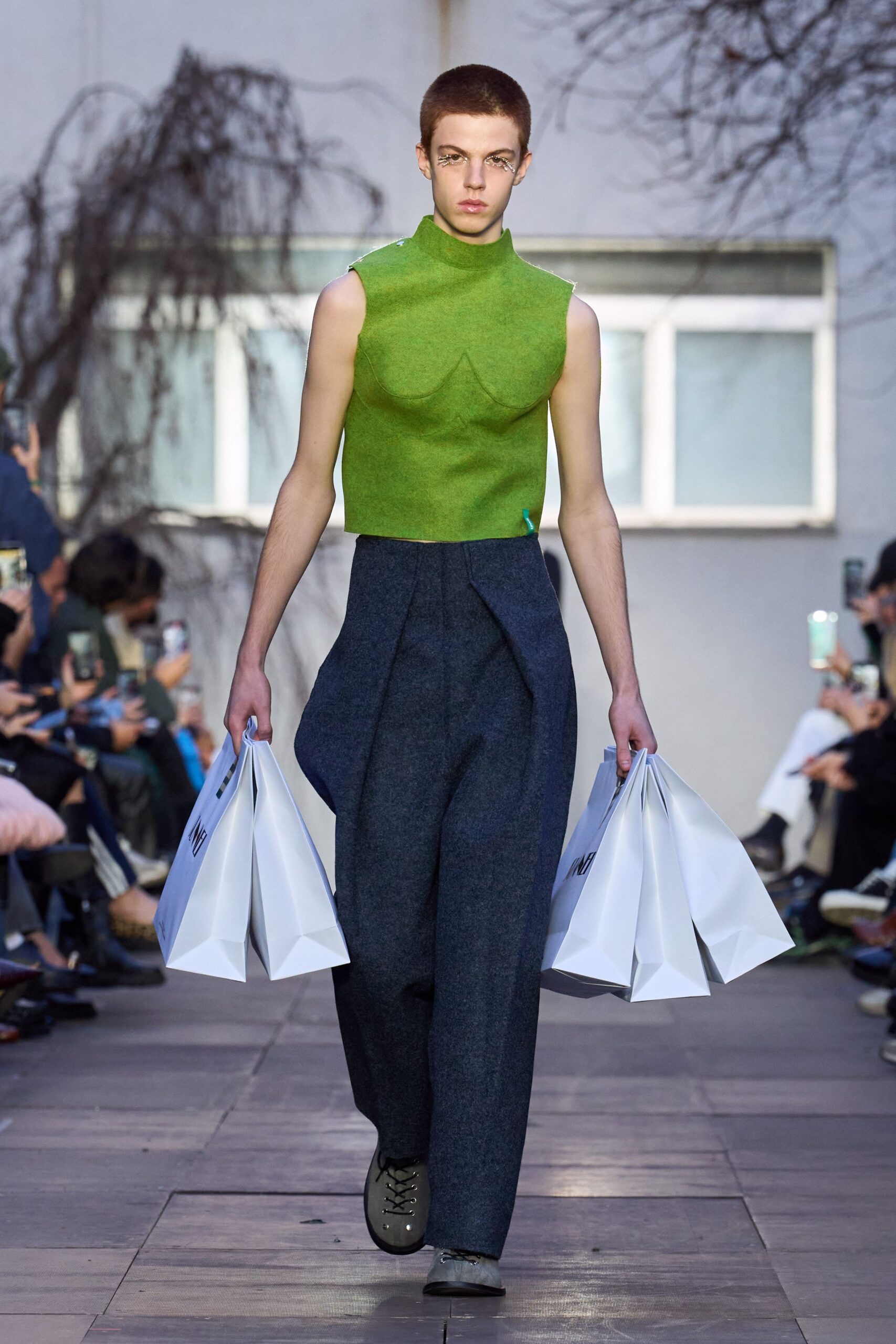 blue wool relaxed pleated pants