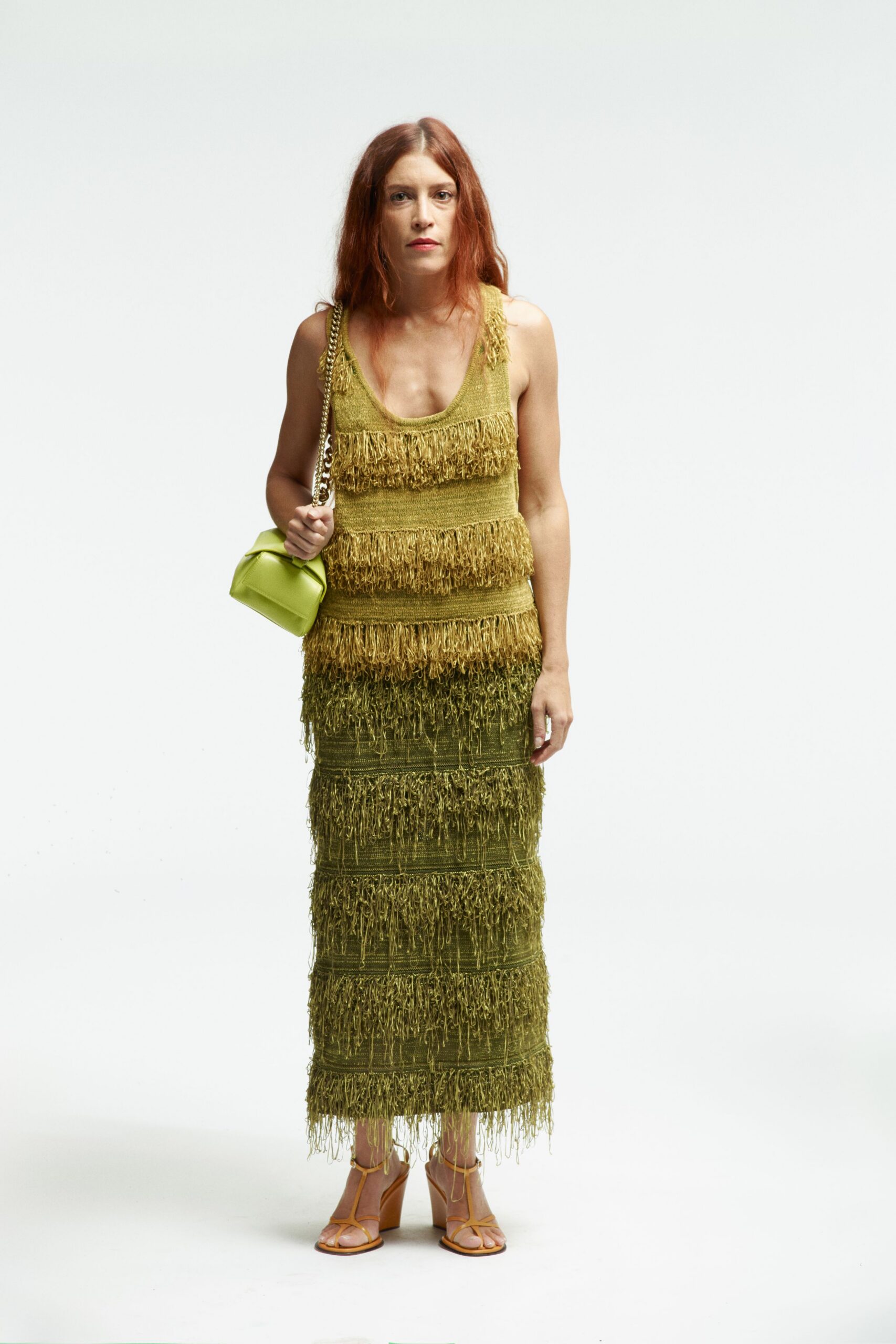 green cotton sleeveless v-neck fitted fringed tiered dress