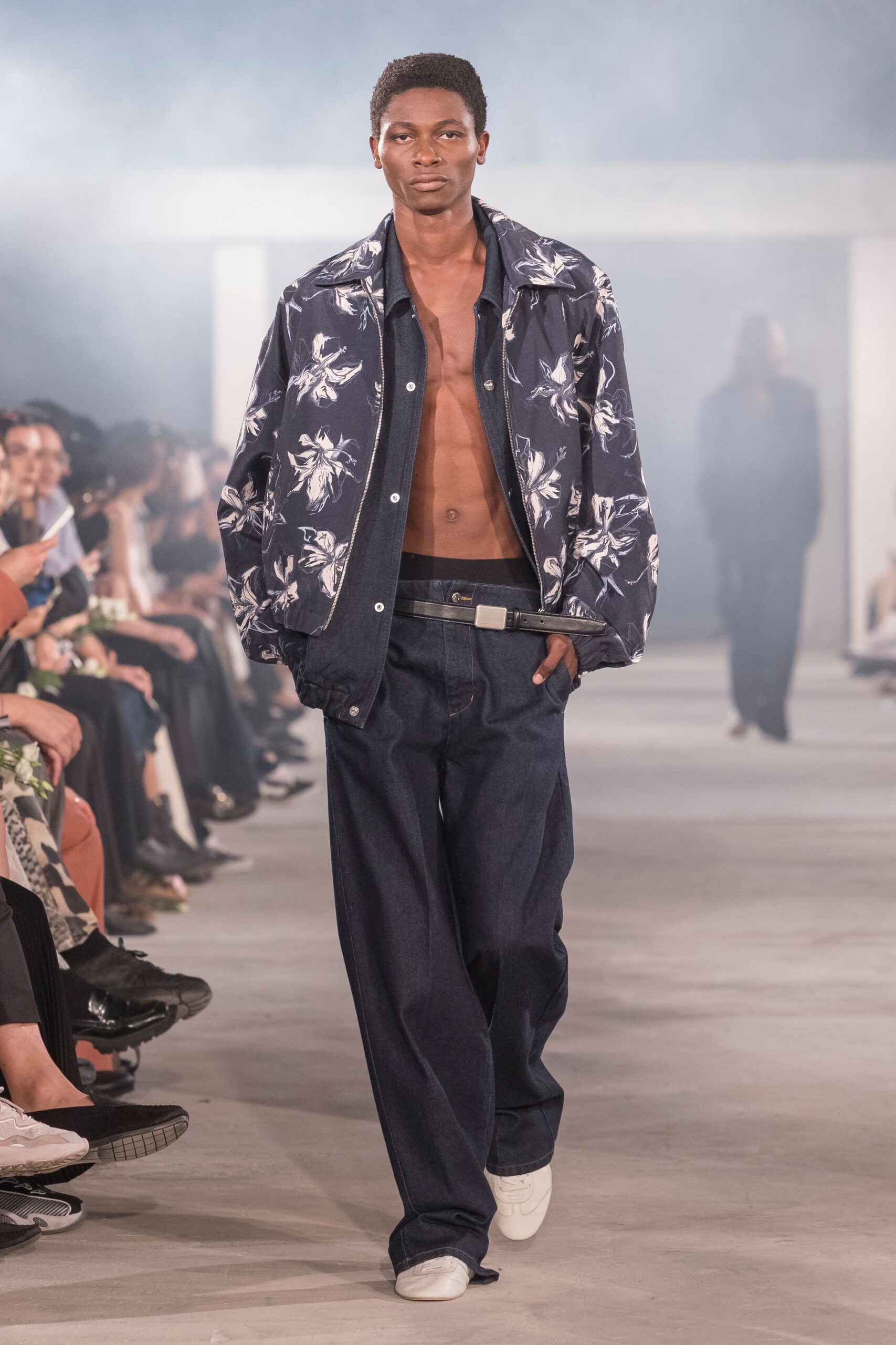 blue floral denim jacket with relaxed pants