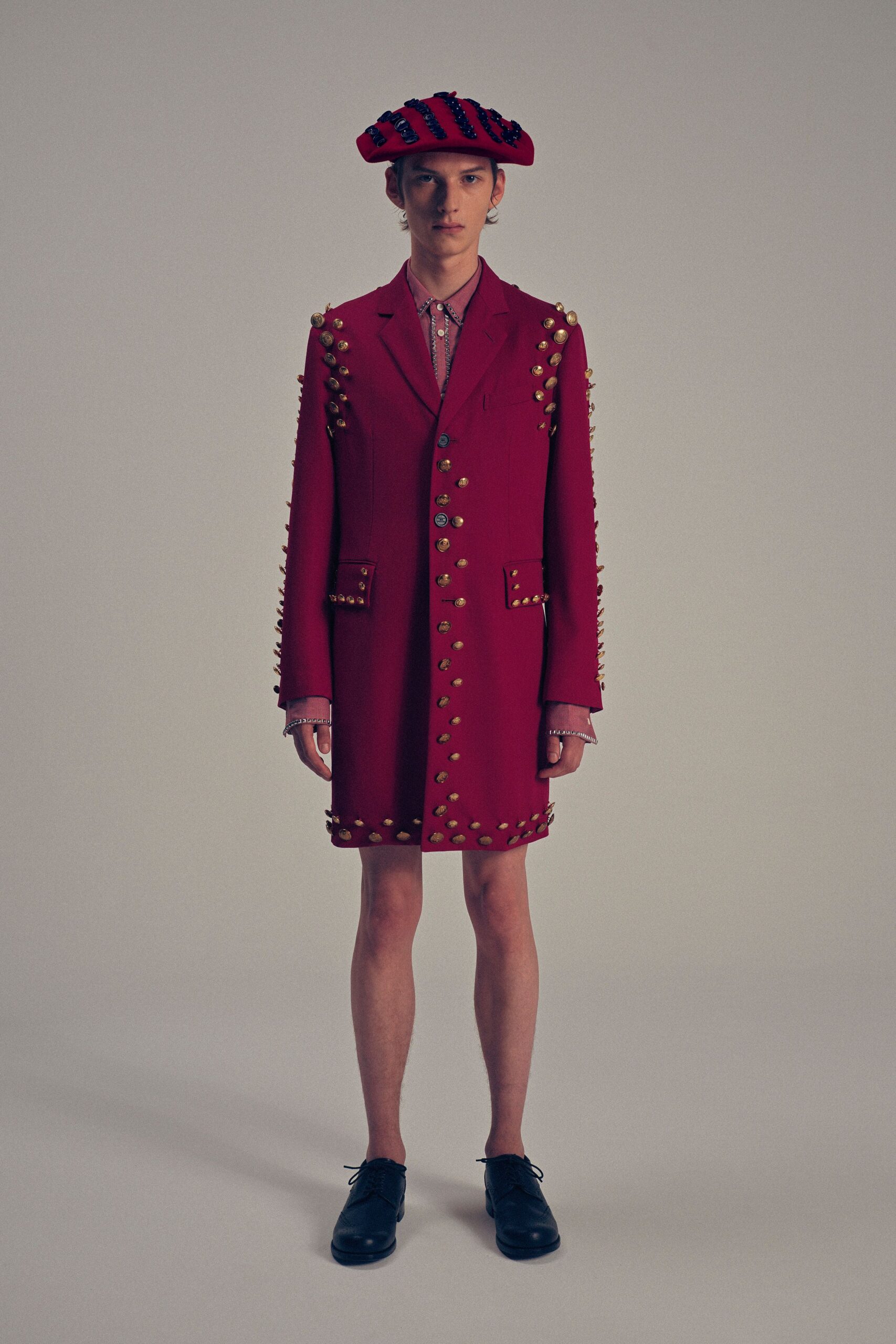 red wool long-sleeve collared fitted buttoned embellished coat