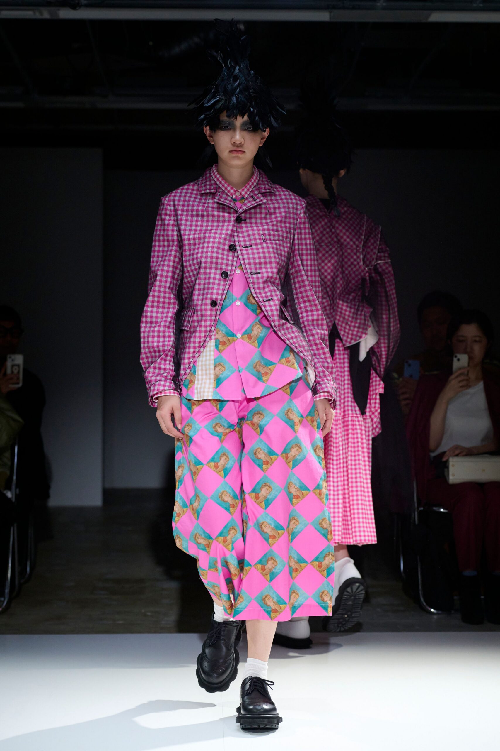 pink checked shirt with printed pants