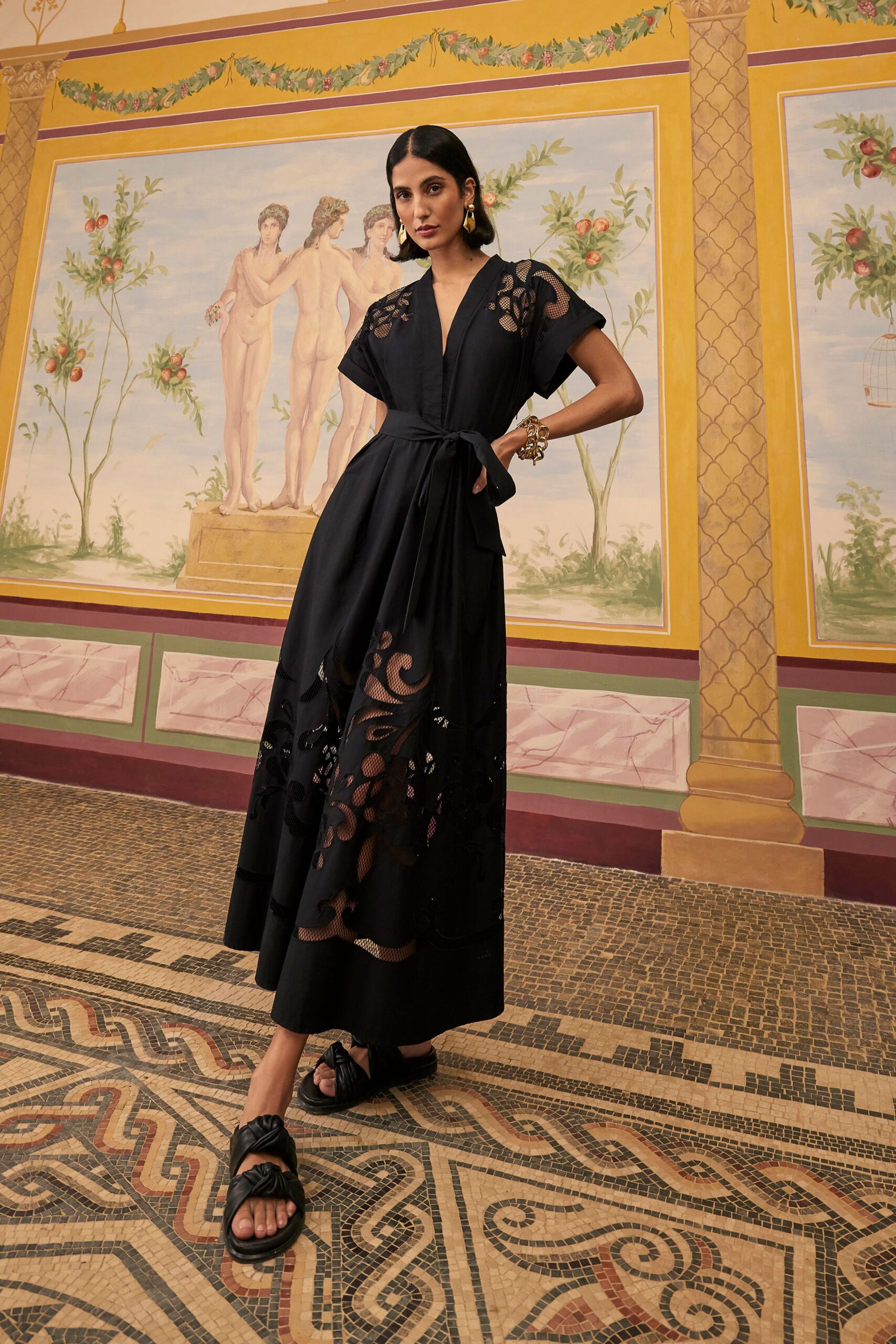 black cotton short-sleeve v-neck fitted embroidered tiered dress
