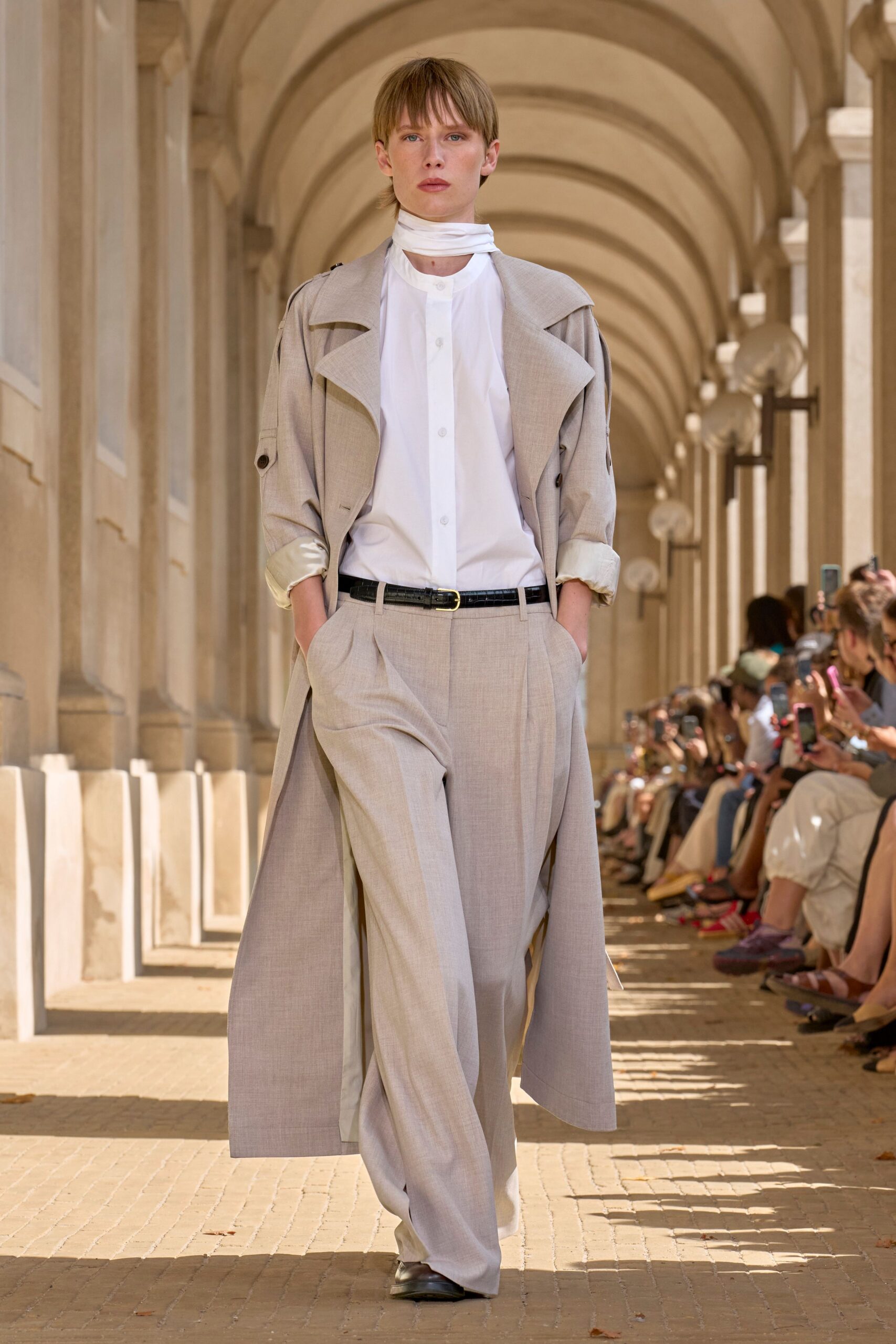 beige trench coat with white shirt