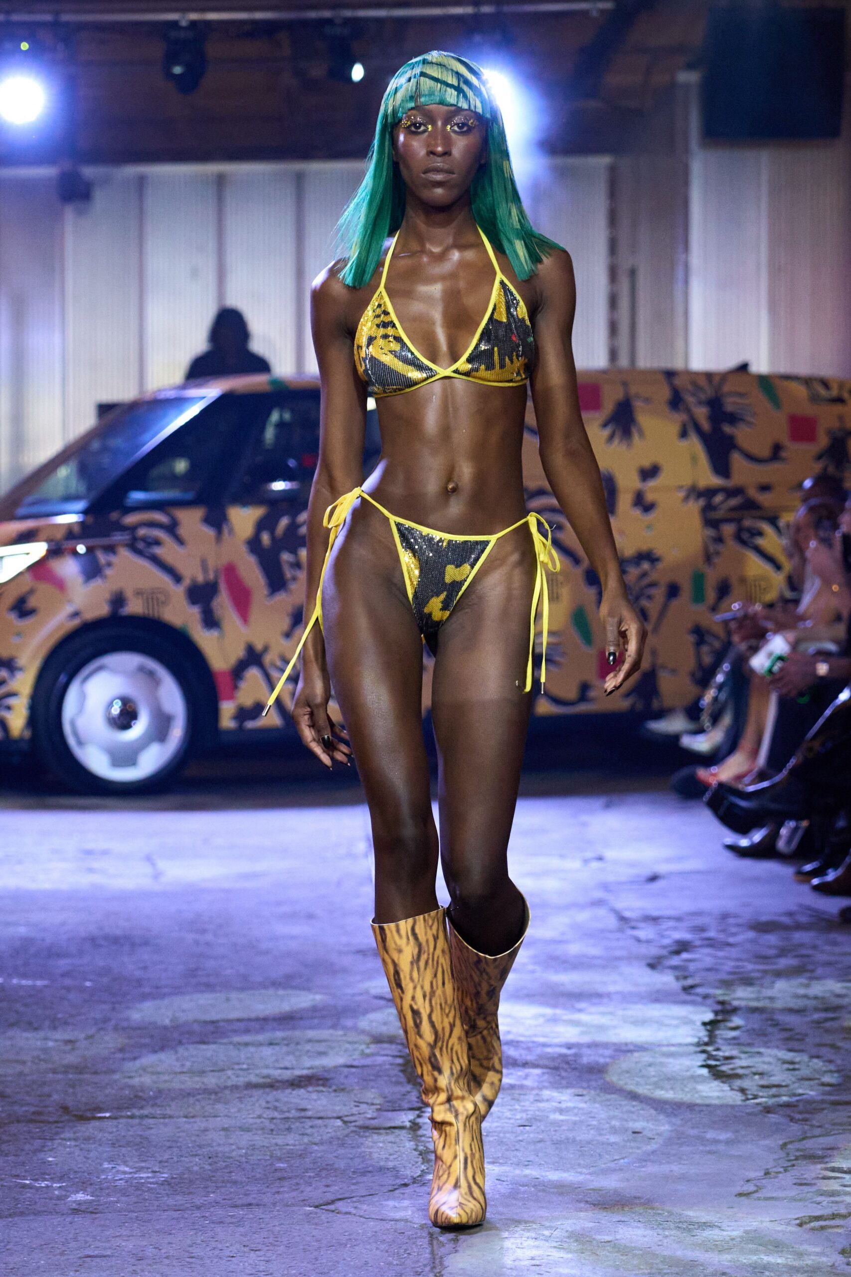 yellow black printed bikini with boots