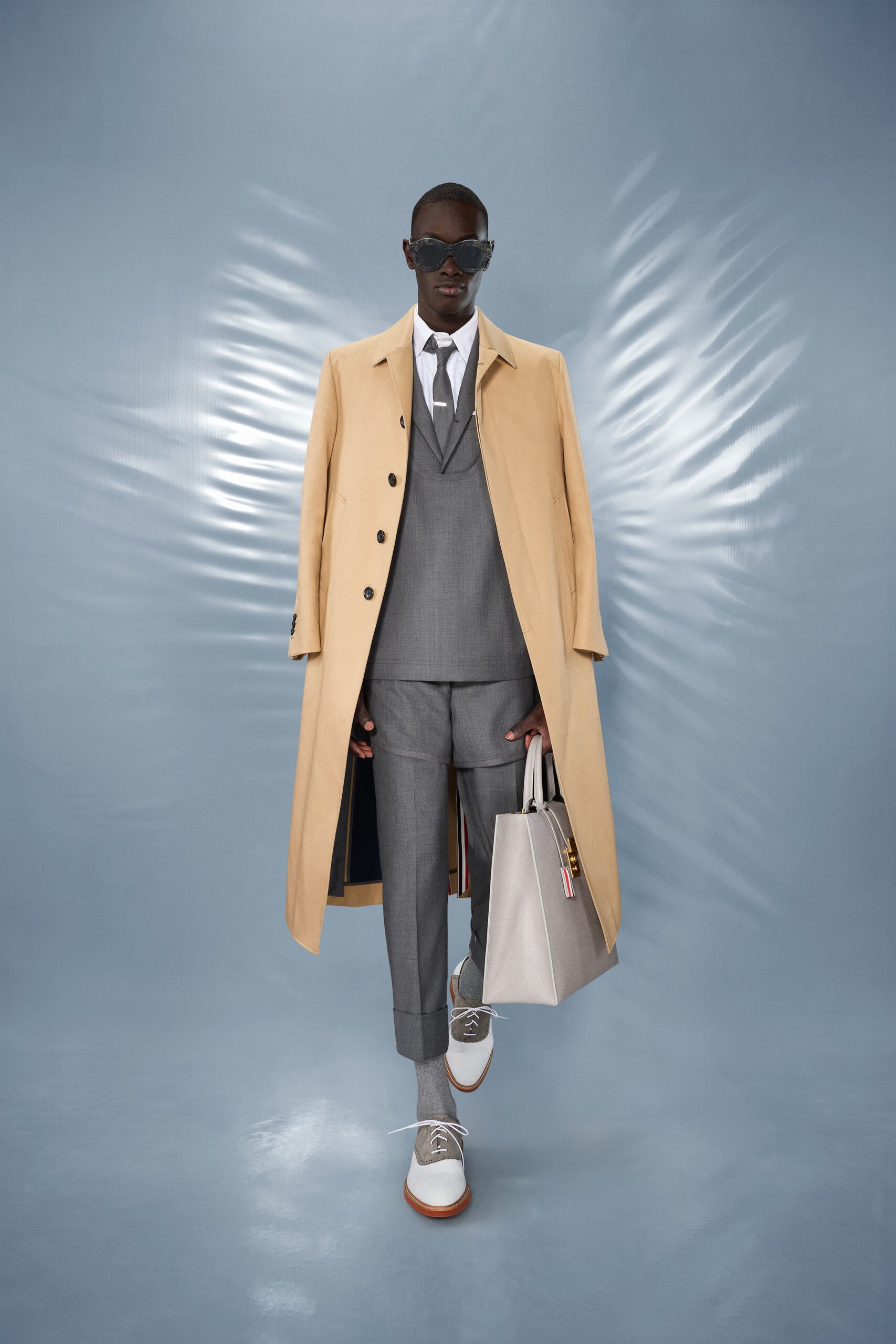 beige wool long-sleeve collared structured buttoned coat