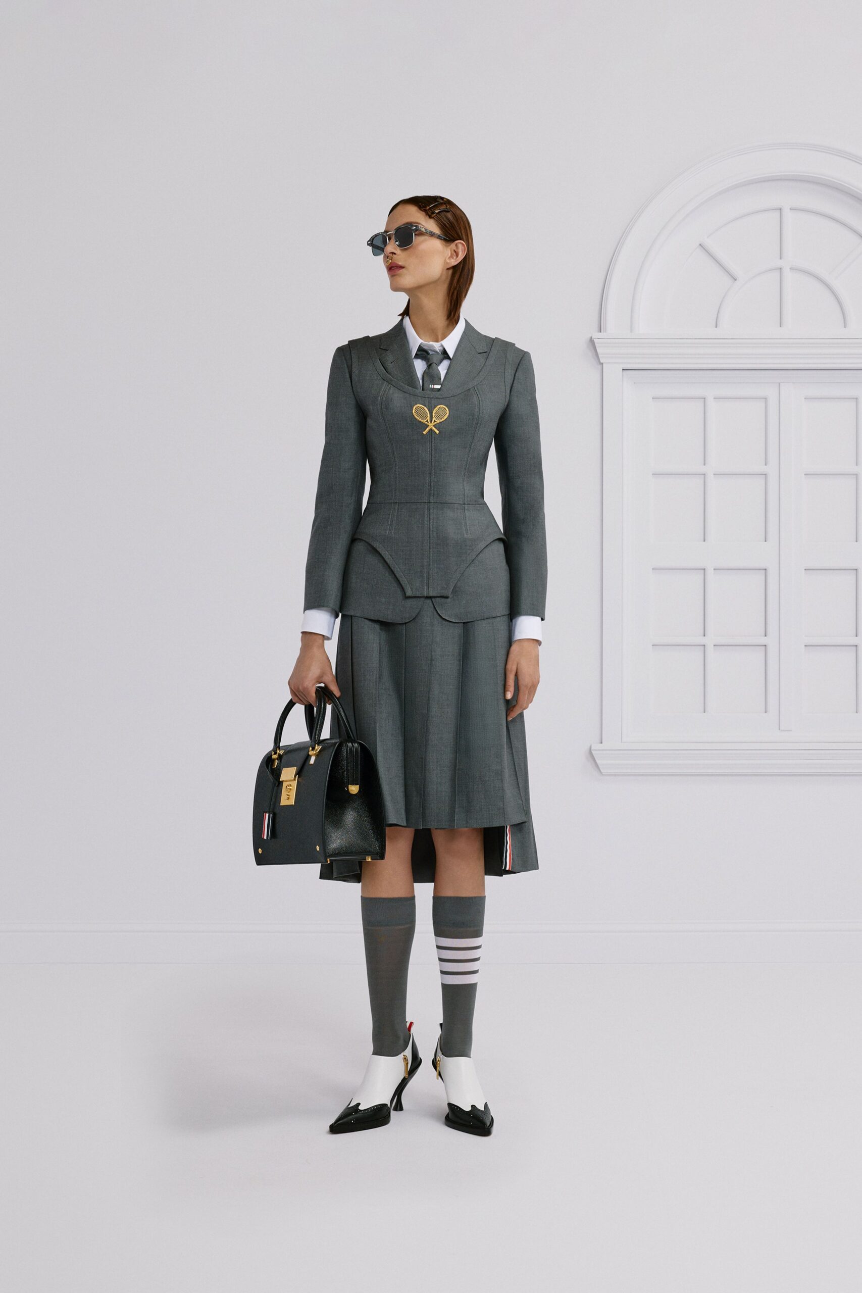 gray tailored suit with skirt