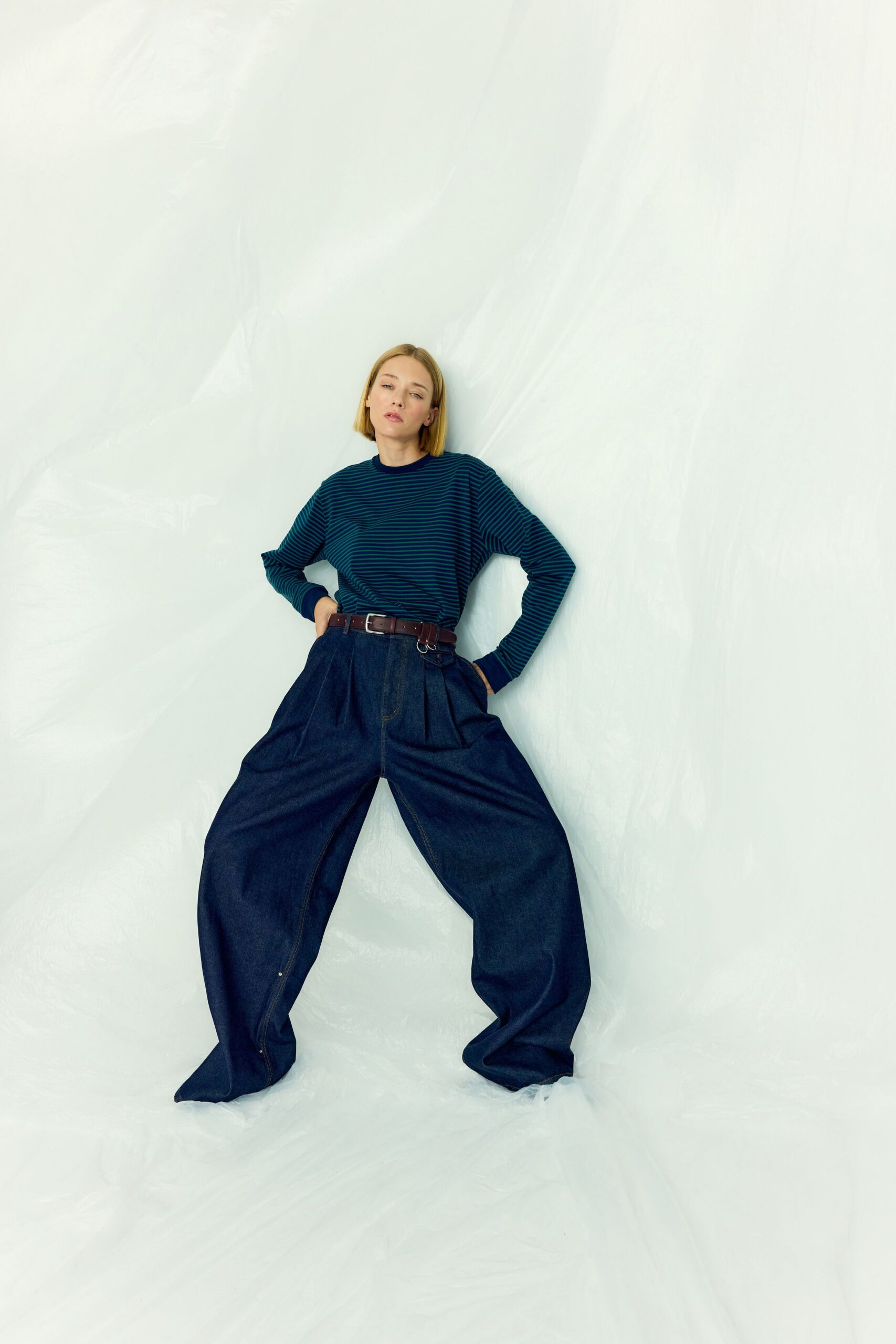 blue striped top with wide-leg pants