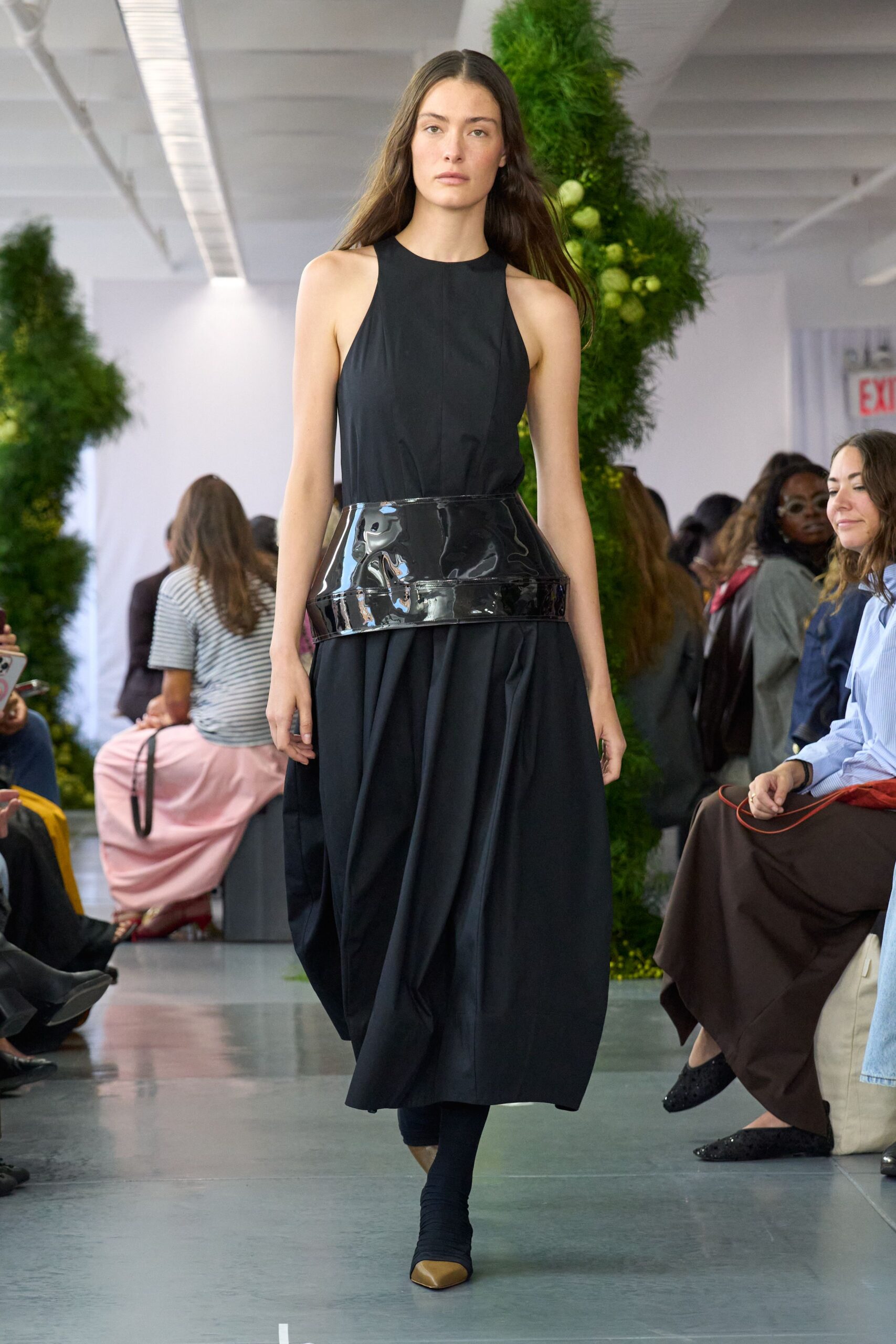 black pleated midi dress with brown shoes
