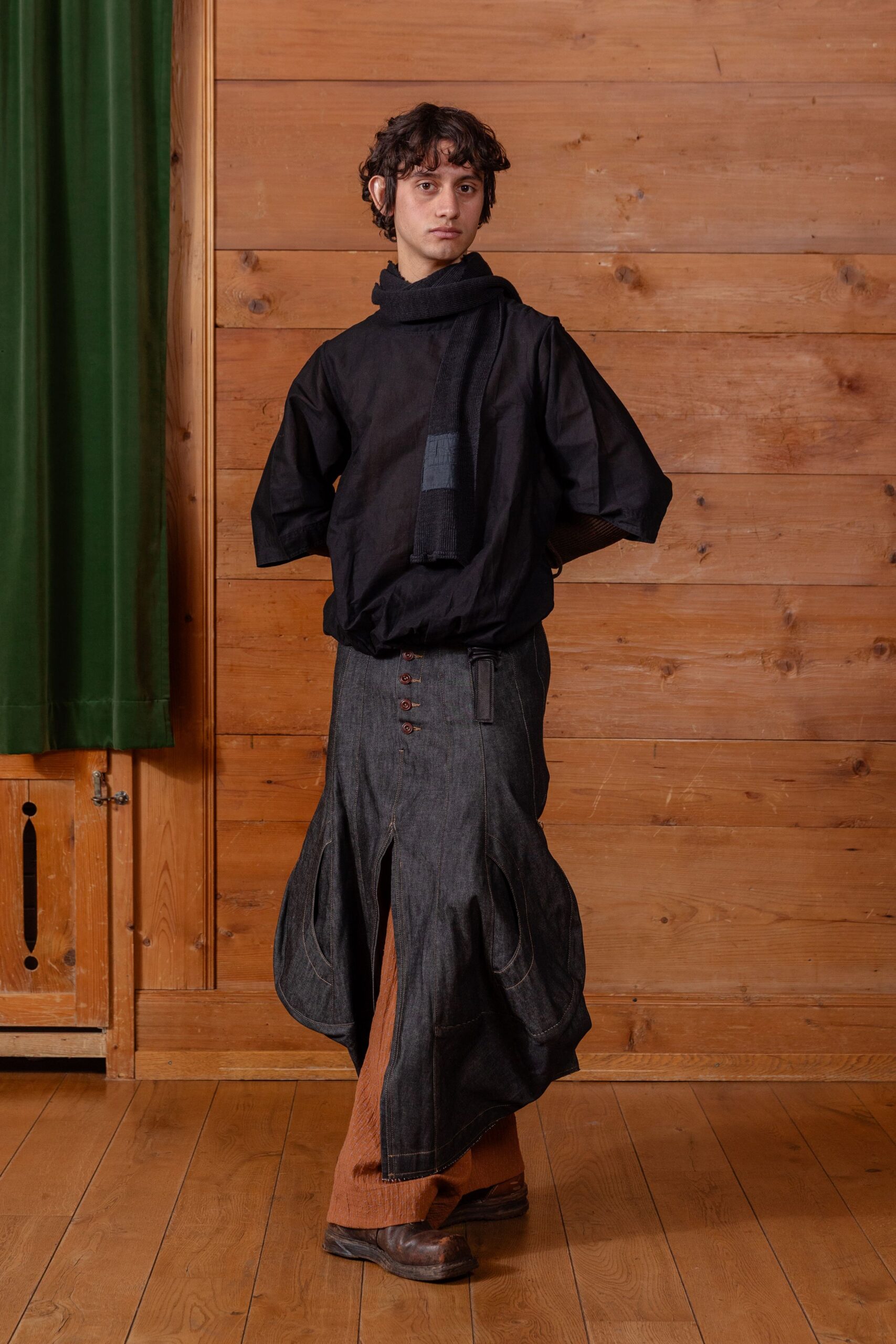 black top blue skirt brown pants
