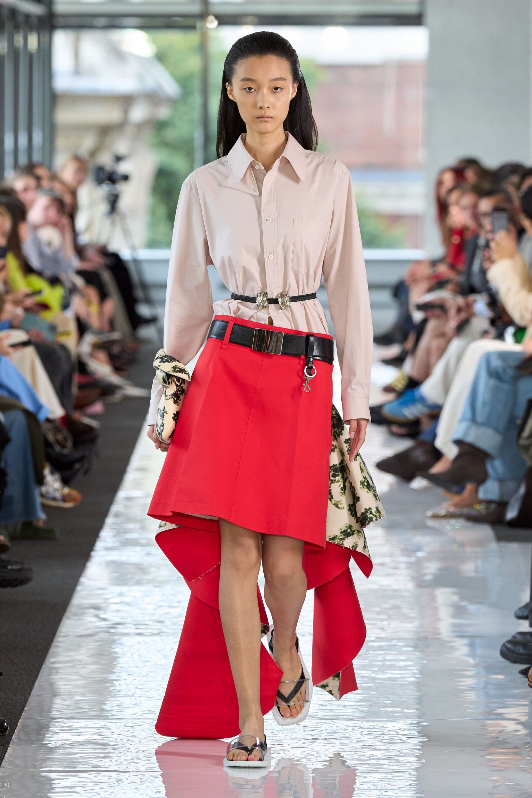 red cotton asymmetric fitted pleated skirt