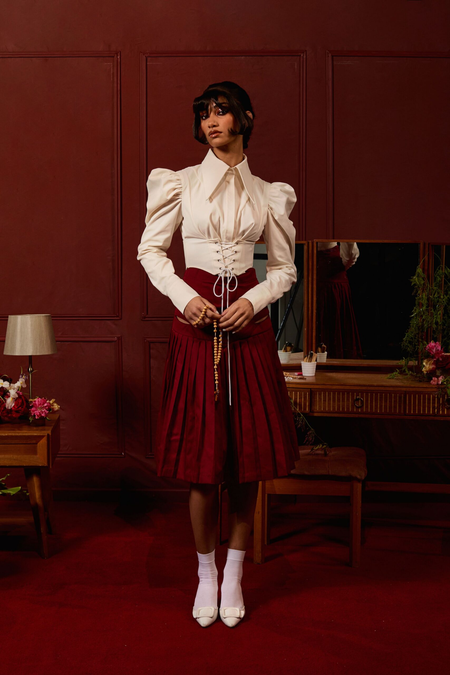 white cotton long-sleeve collared fitted pleated ruffled blouse