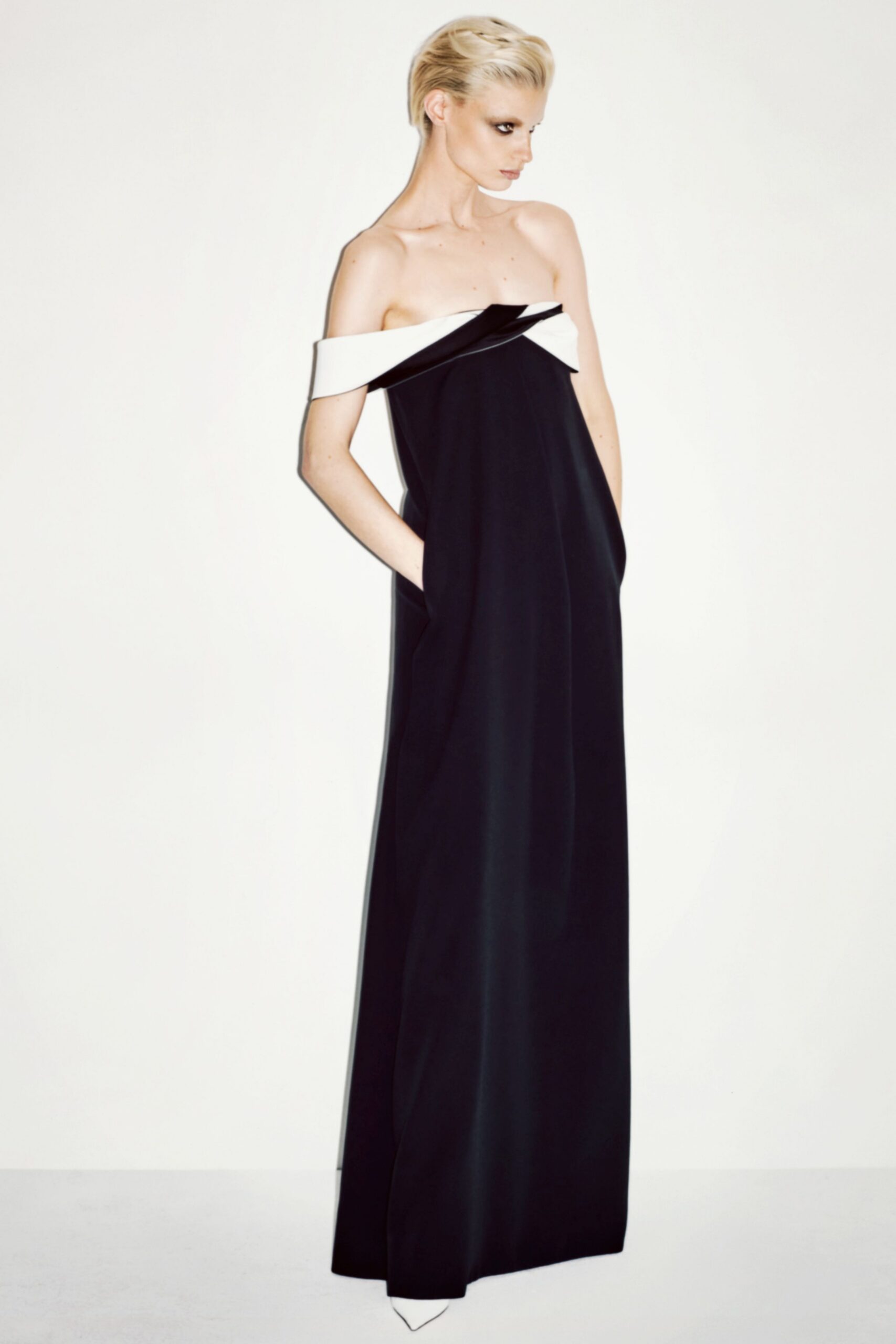 black and white strapless gown