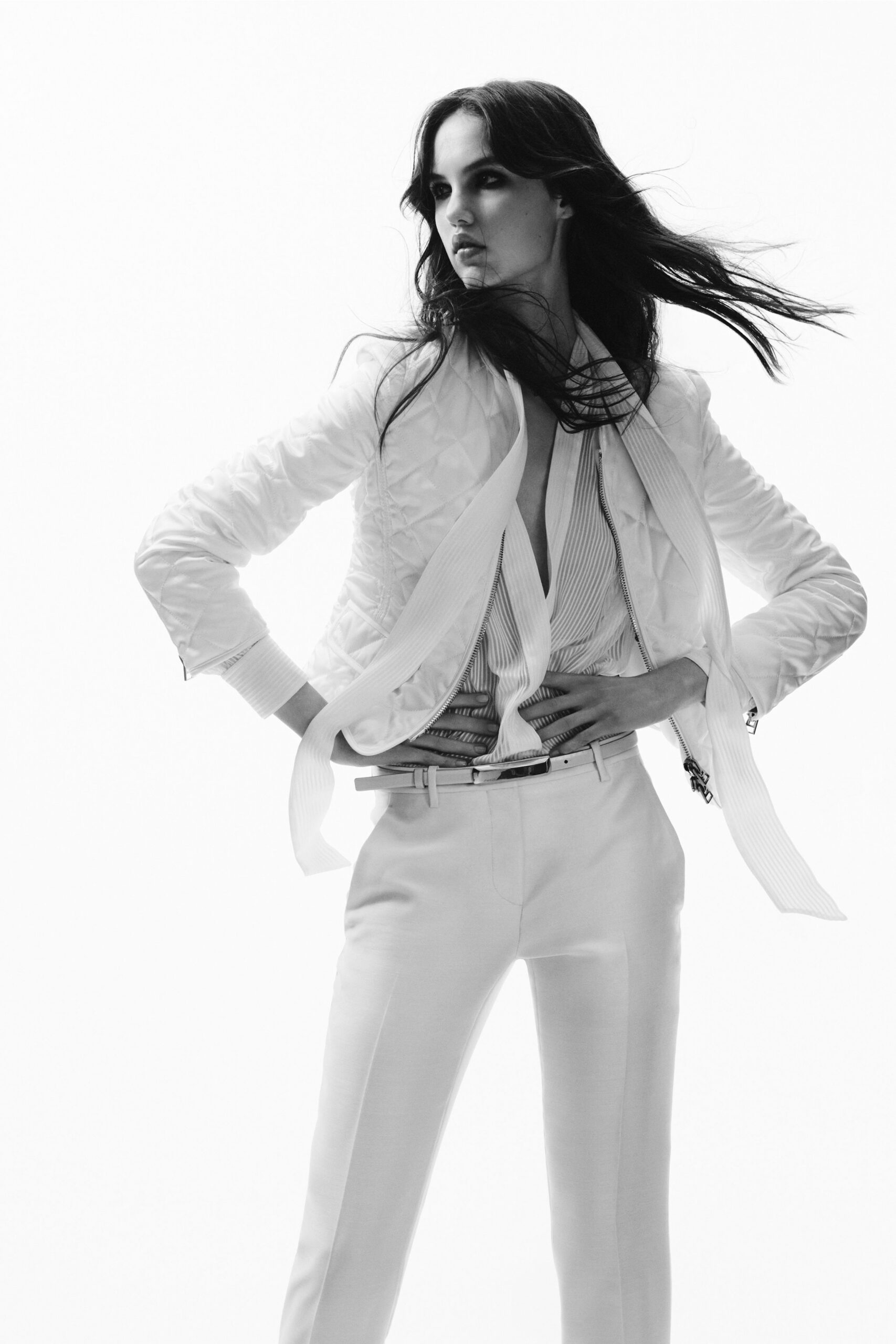 white silk long-sleeve collared fitted quilted jacket