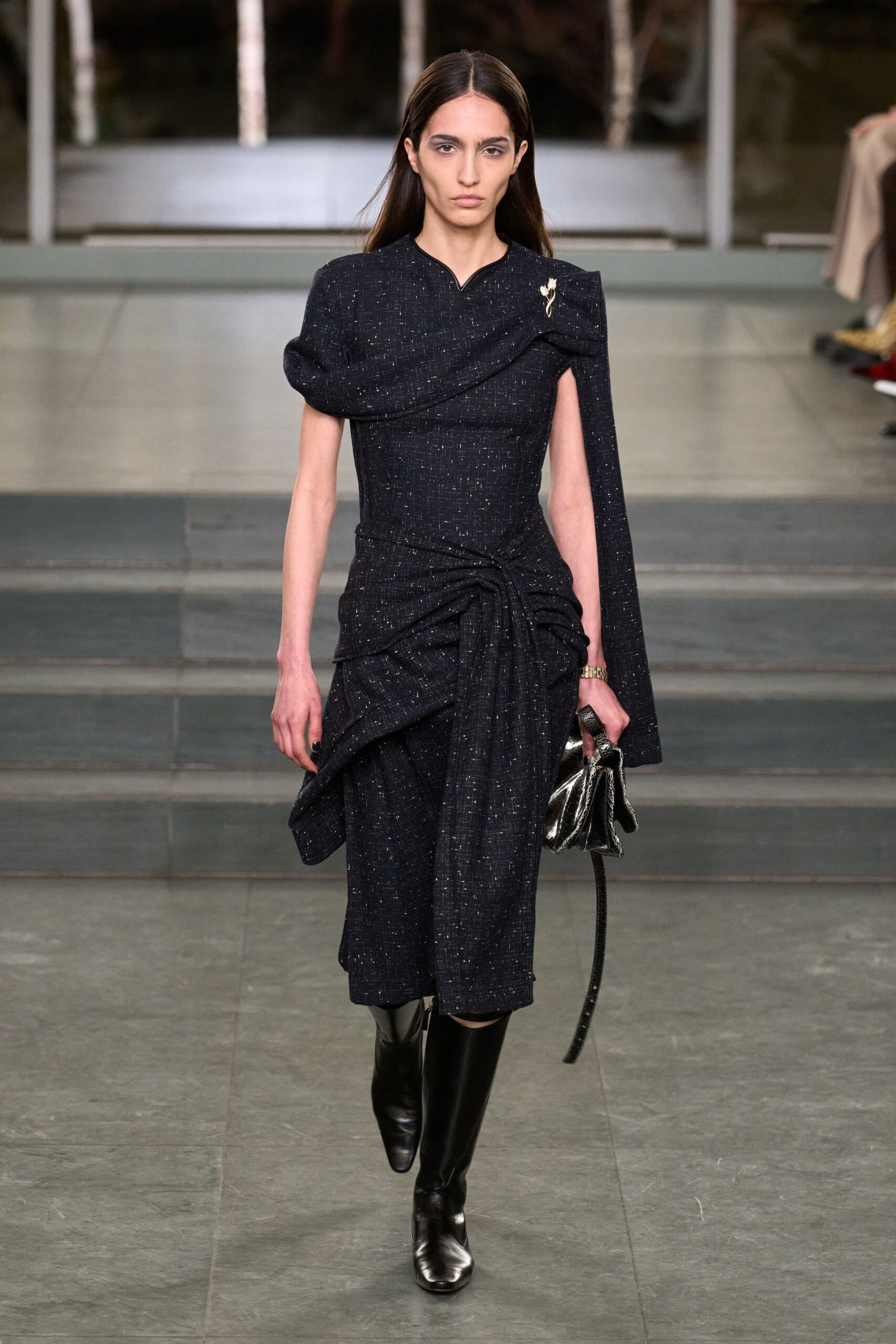 black tweed short-sleeve v-neck fitted draped ruched dress