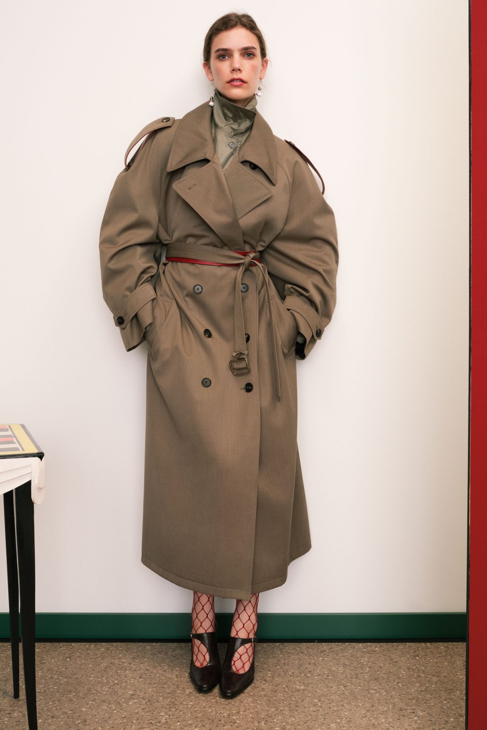 beige cotton long-sleeve collared oversized belted midi trench