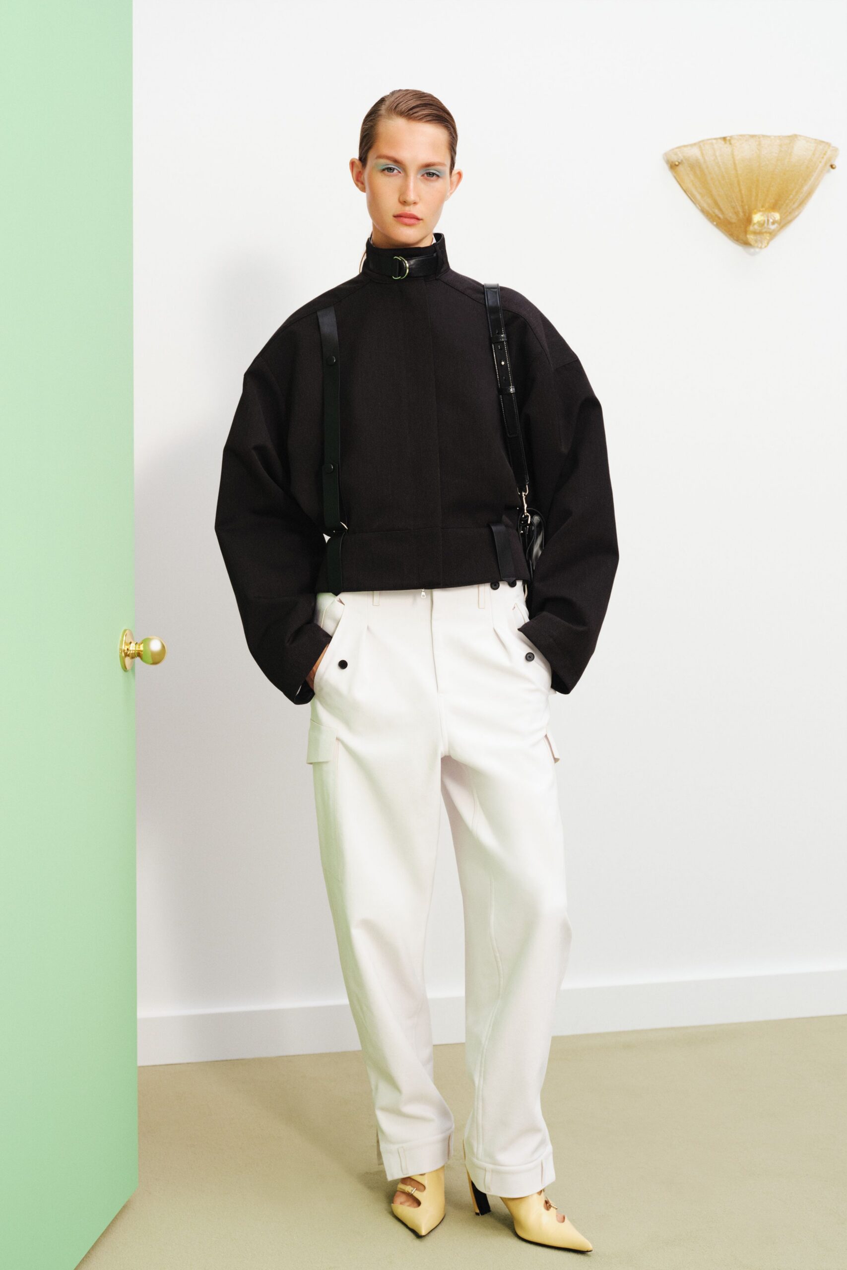 oversized black jacket white cargo pants