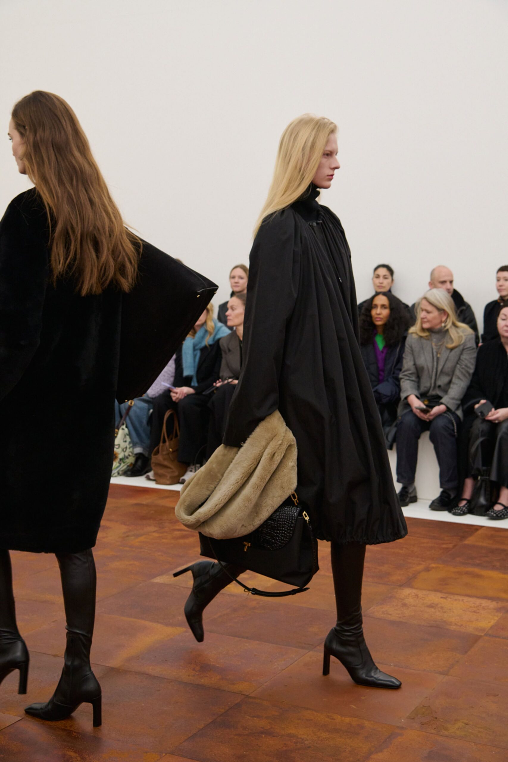 black wool long-sleeve relaxed layered cape