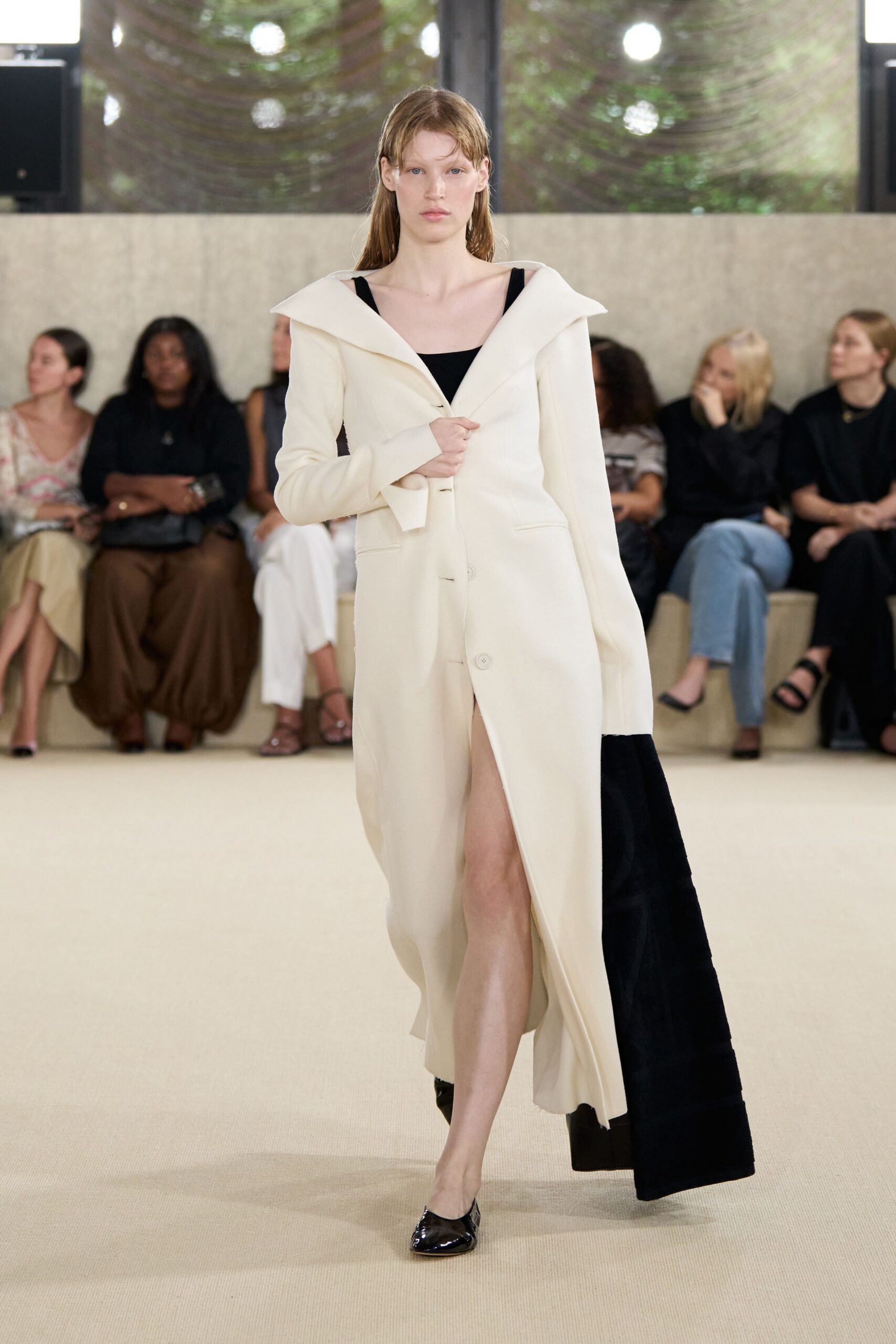 white wool long-sleeve v-neck fitted midi coat