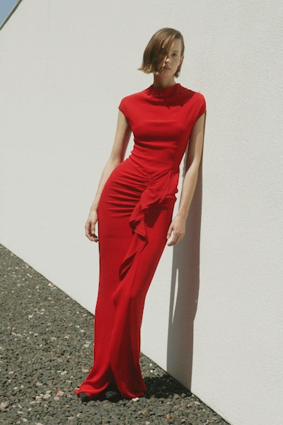 fitted red silk gown