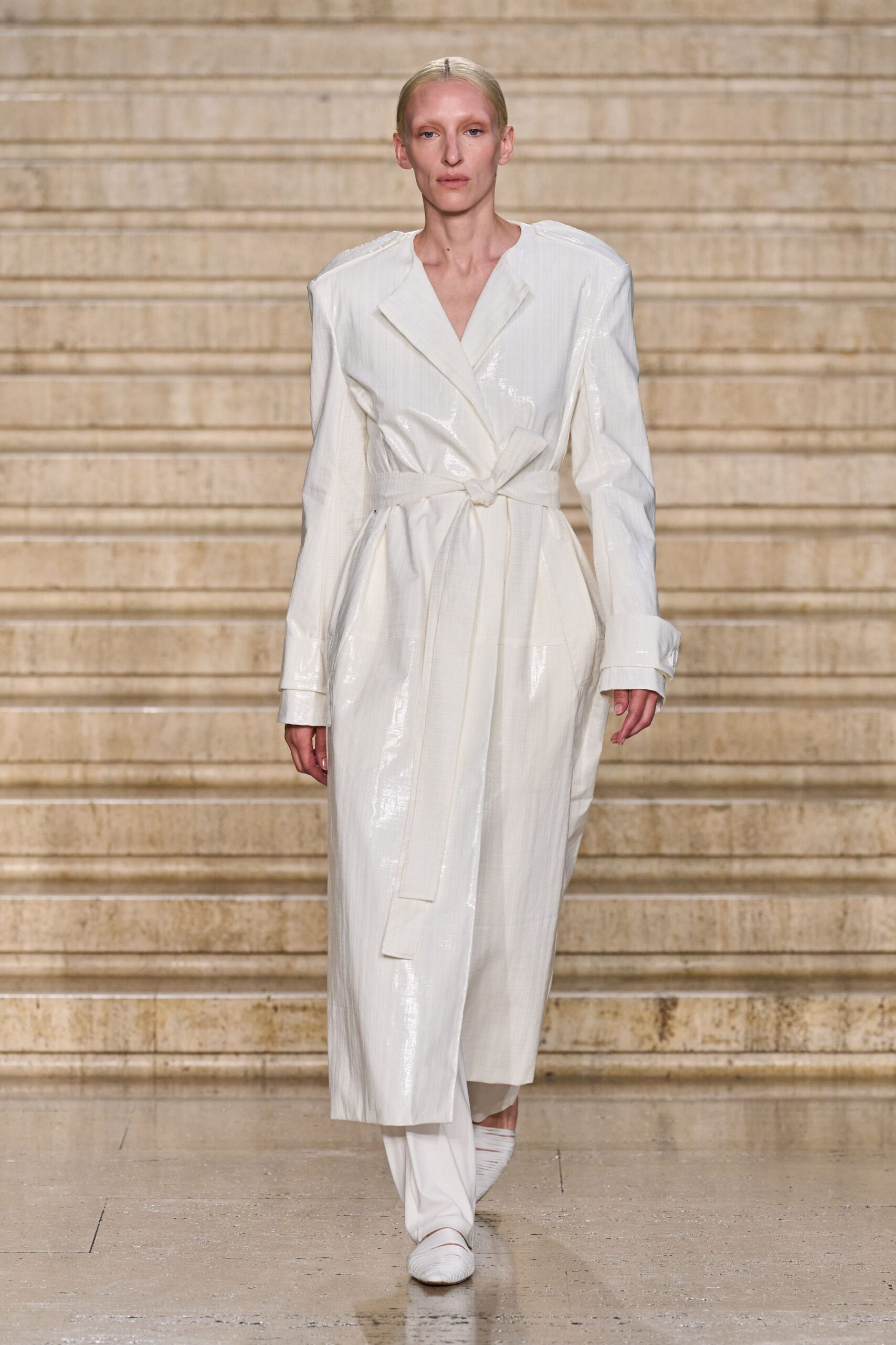 white vinyl long-sleeve collared fitted zippered shiny coat