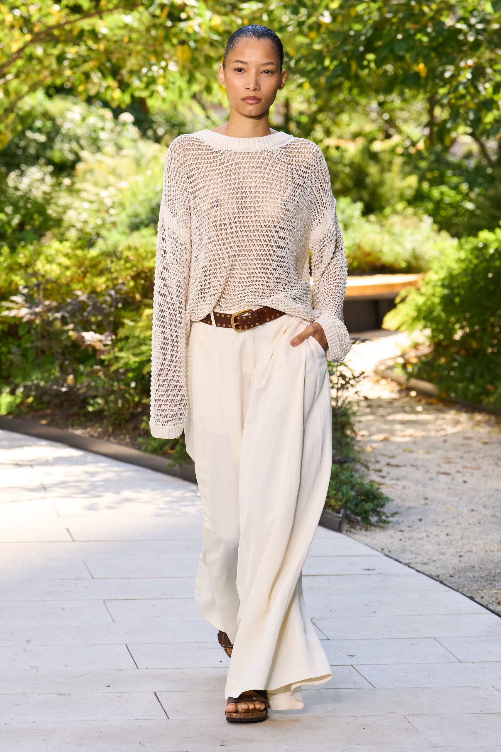 white knit sweater beige pants