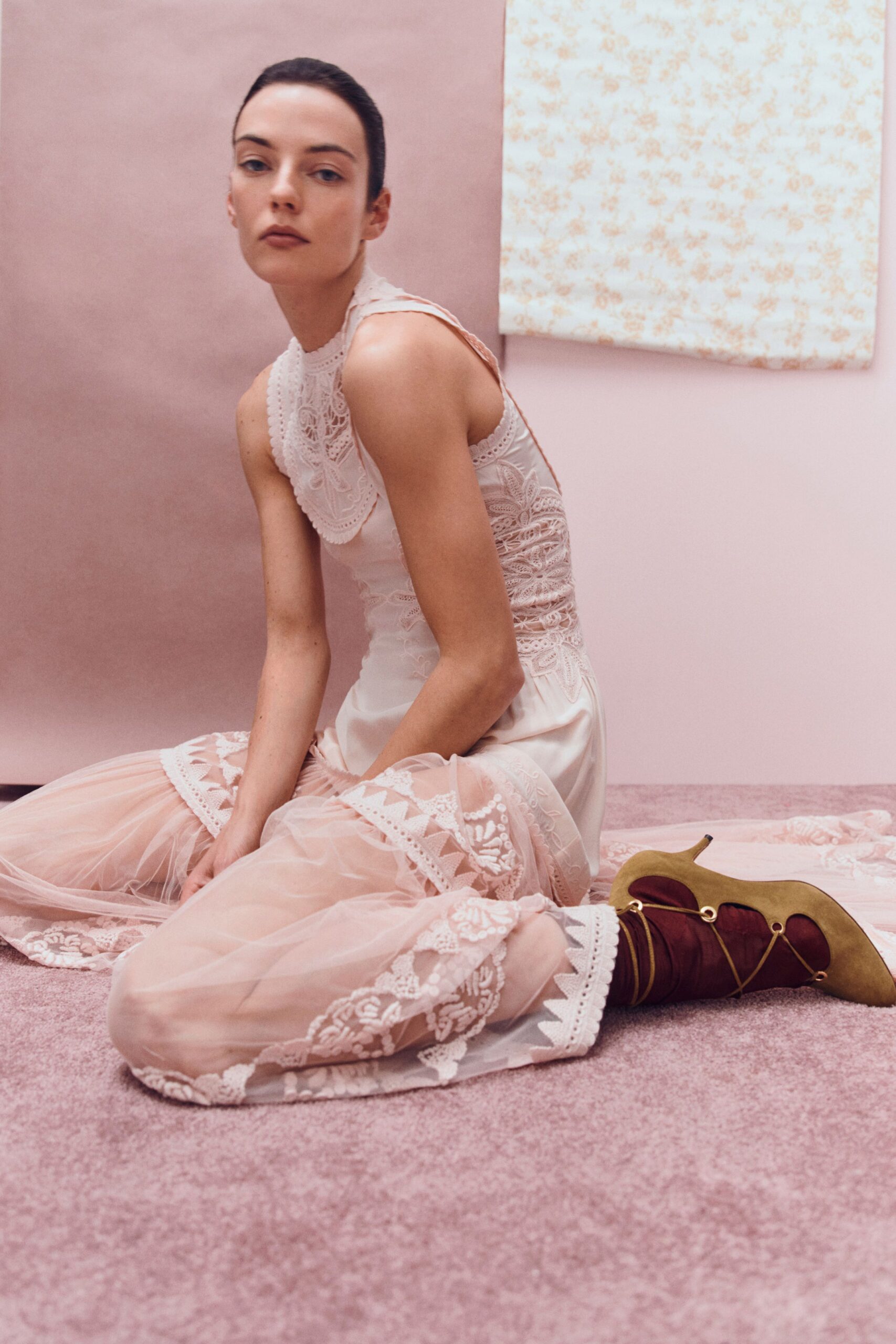 white silk sleeveless high-neck fitted layered embroidered dress