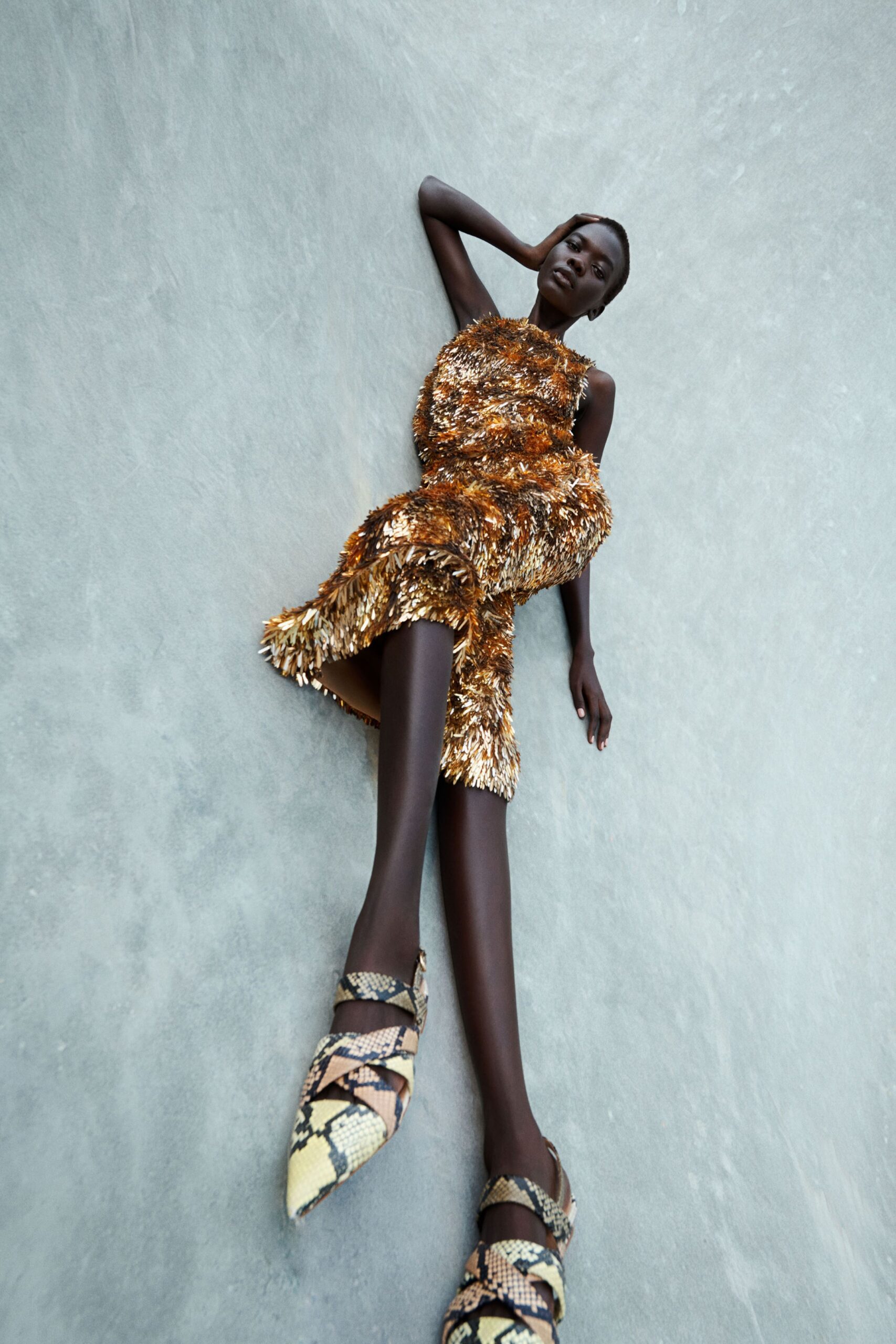 brown silk sleeveless high-neck fitted fringed shiny dress