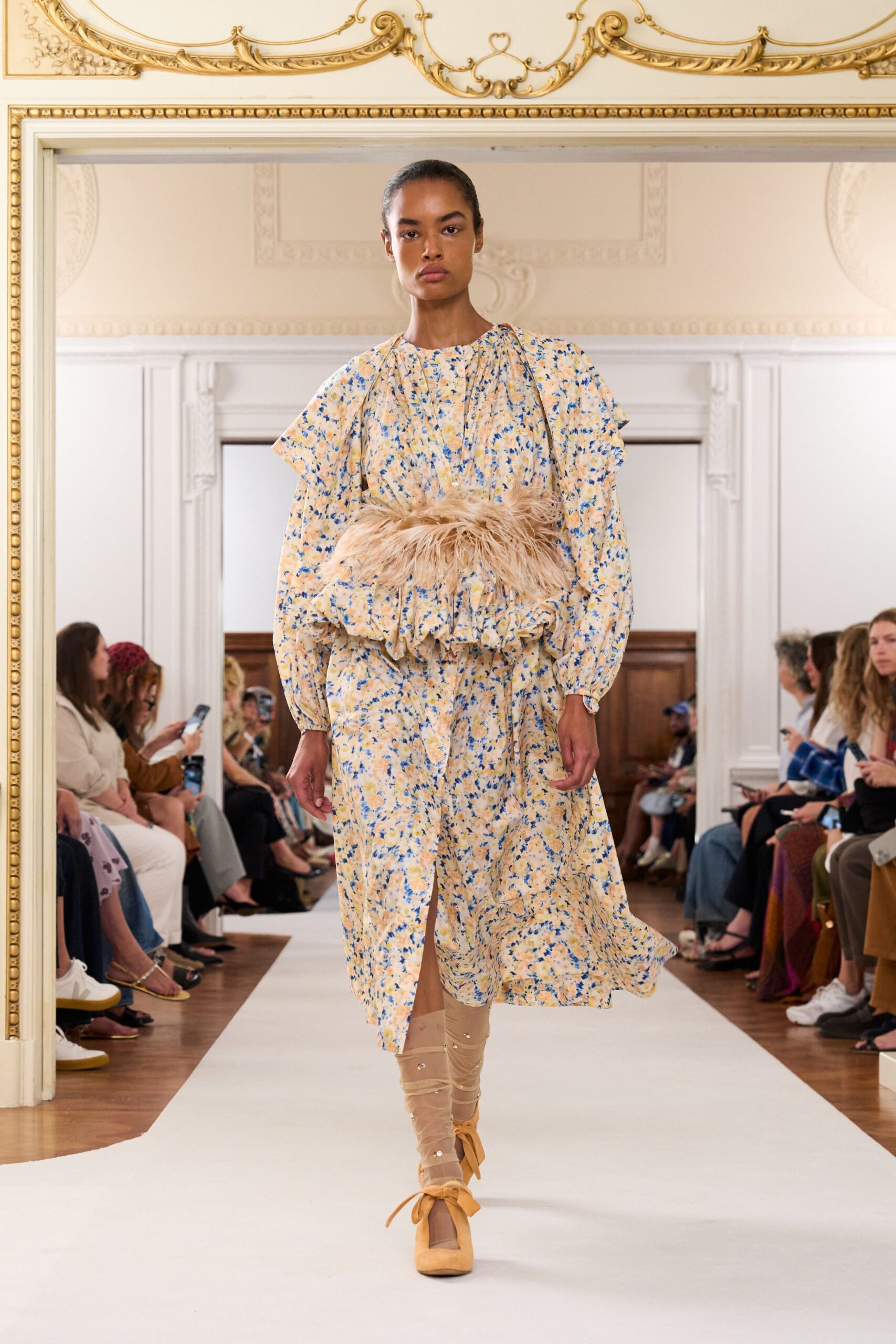 yellow cotton long-sleeve collared relaxed floral tiered dress