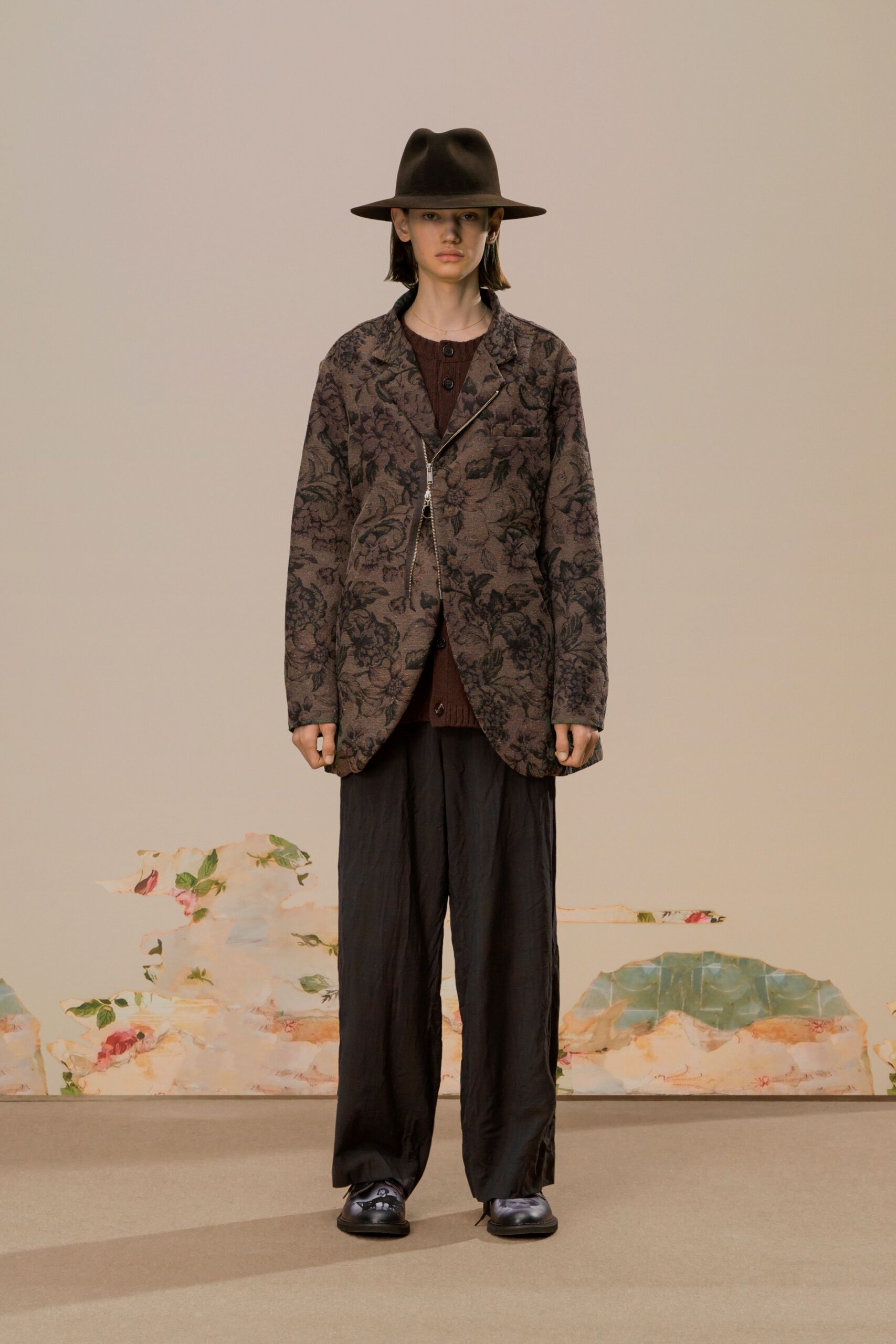 brown cotton long-sleeve collared relaxed floral buttoned jacket