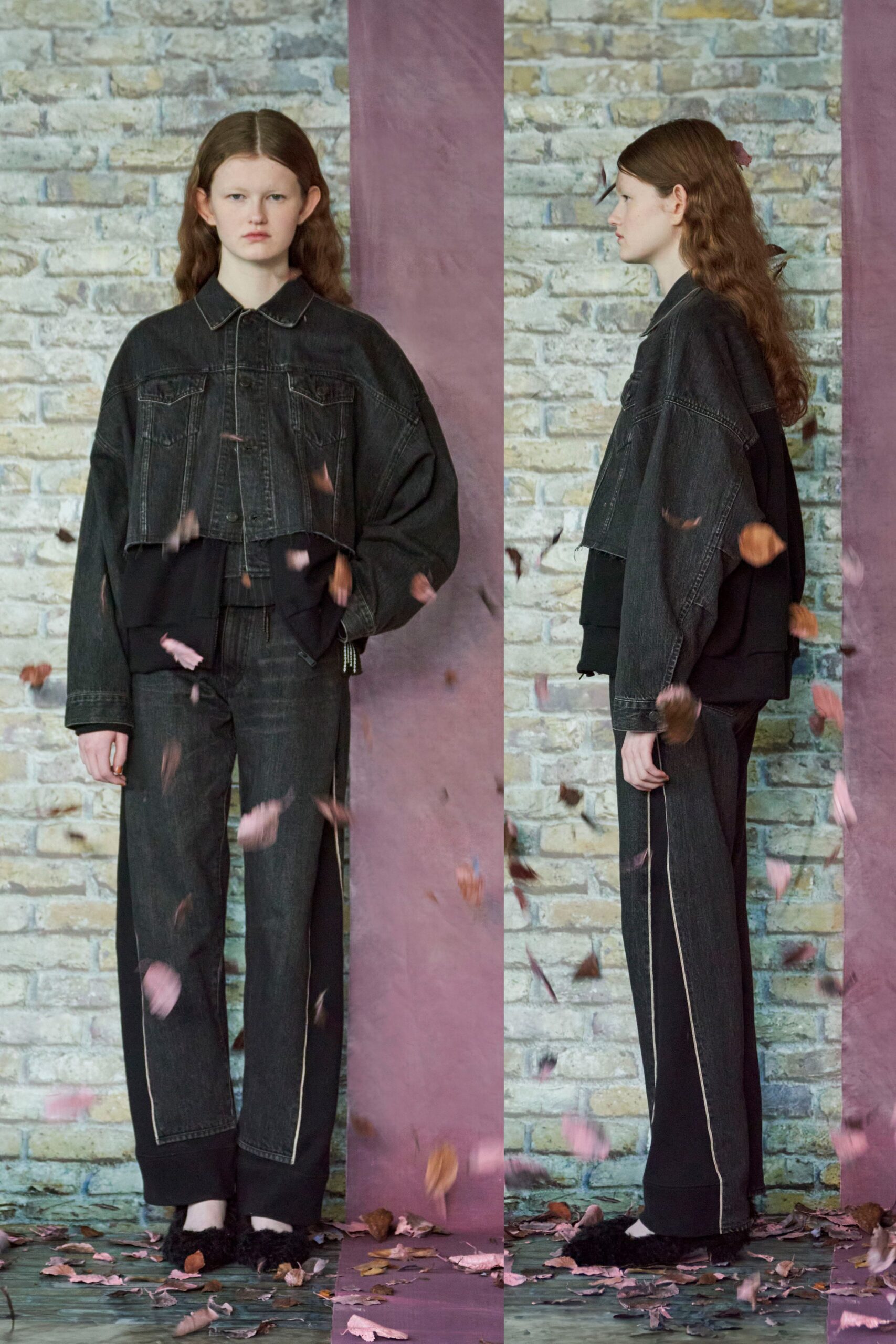 black denim long-sleeve collared oversized buttoned jacket