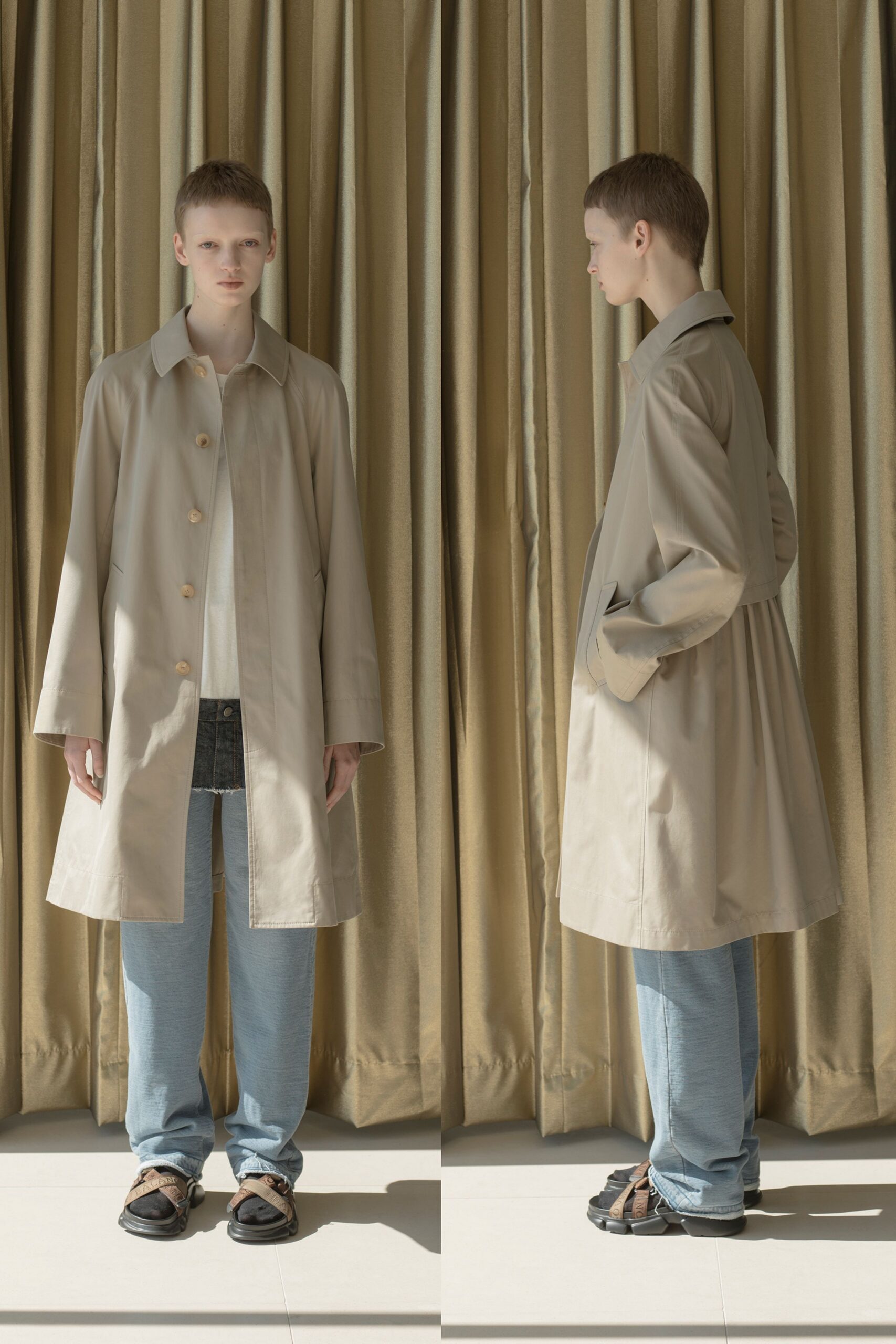 beige coat with relaxed jeans