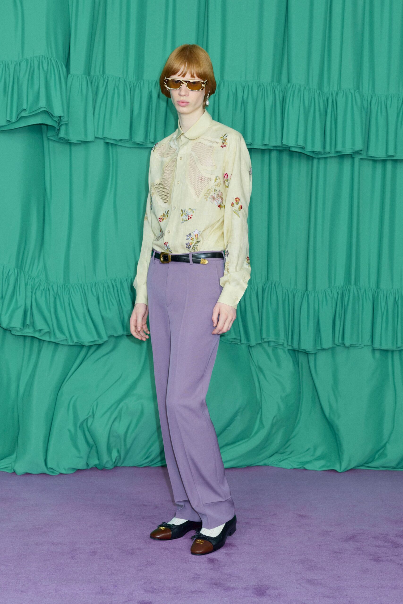 beige silk long-sleeve collared fitted embroidered shirt