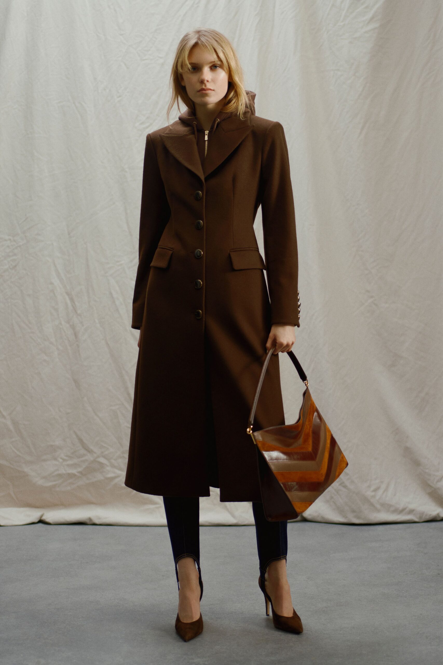 brown wool long-sleeve collared tailored buttoned coat