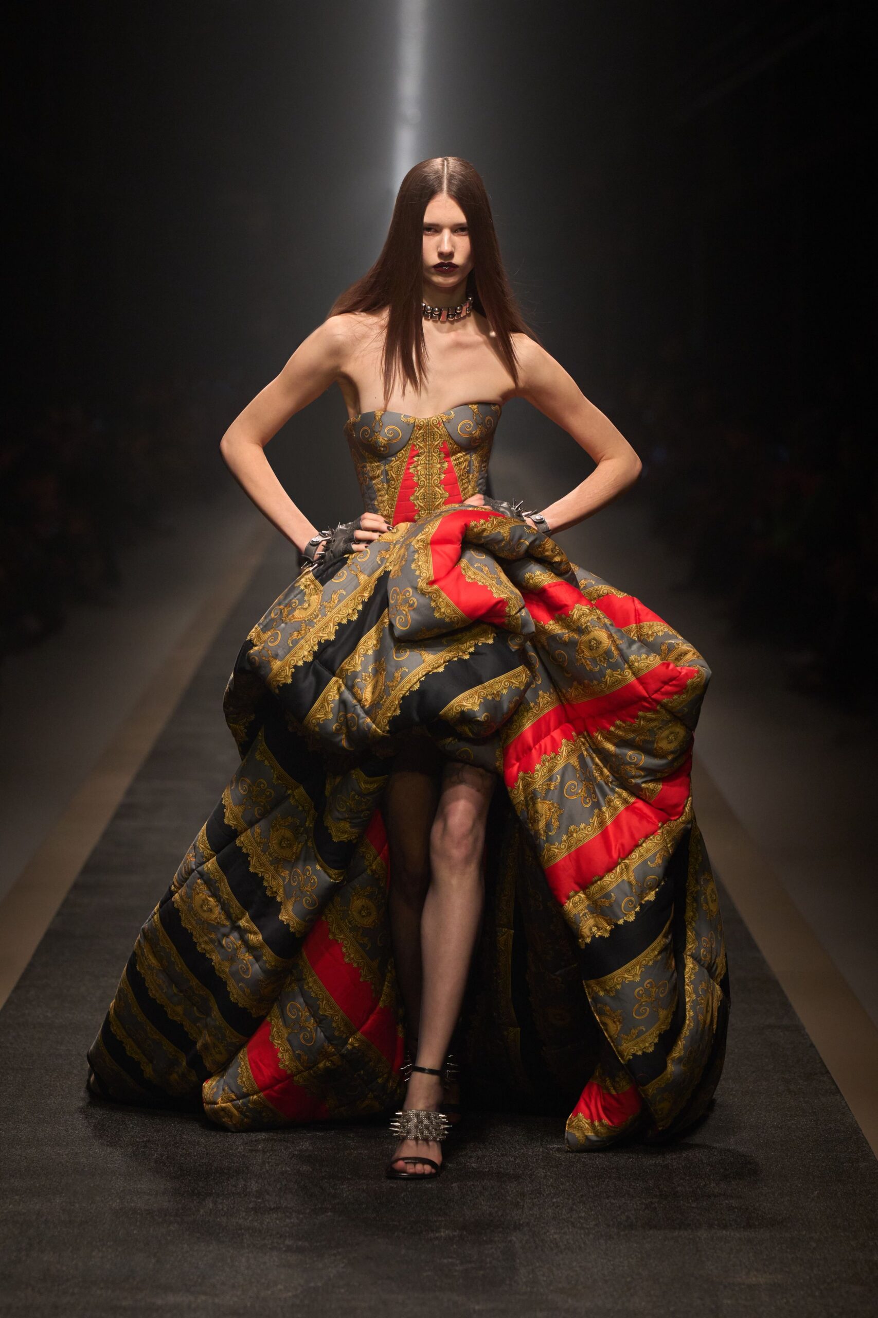 black gold red strapless gown