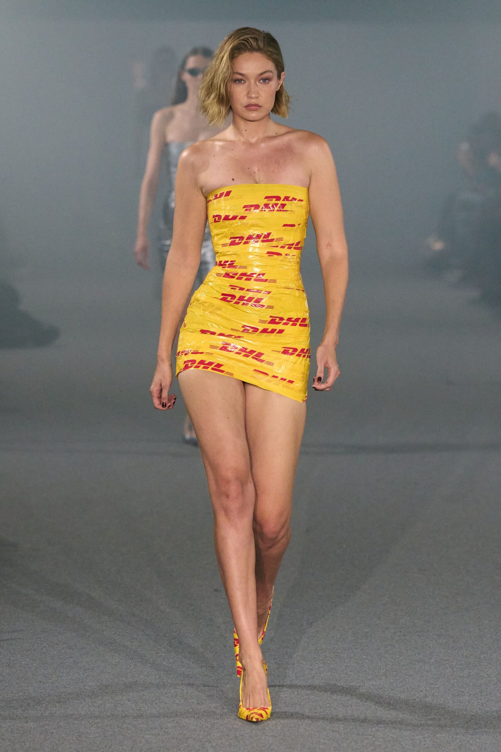 yellow printed mini dress