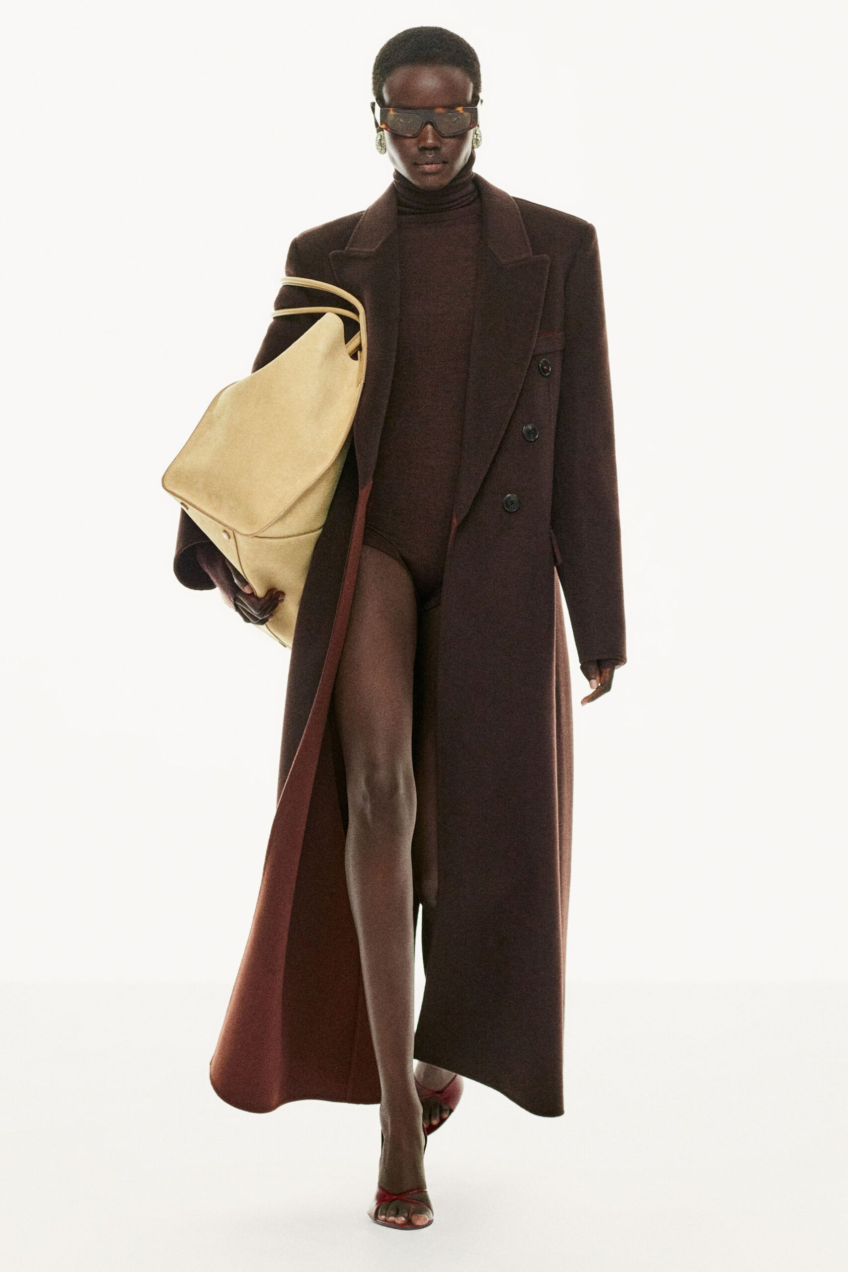 brown wool long-sleeve double-breasted tailored layered maxi coat