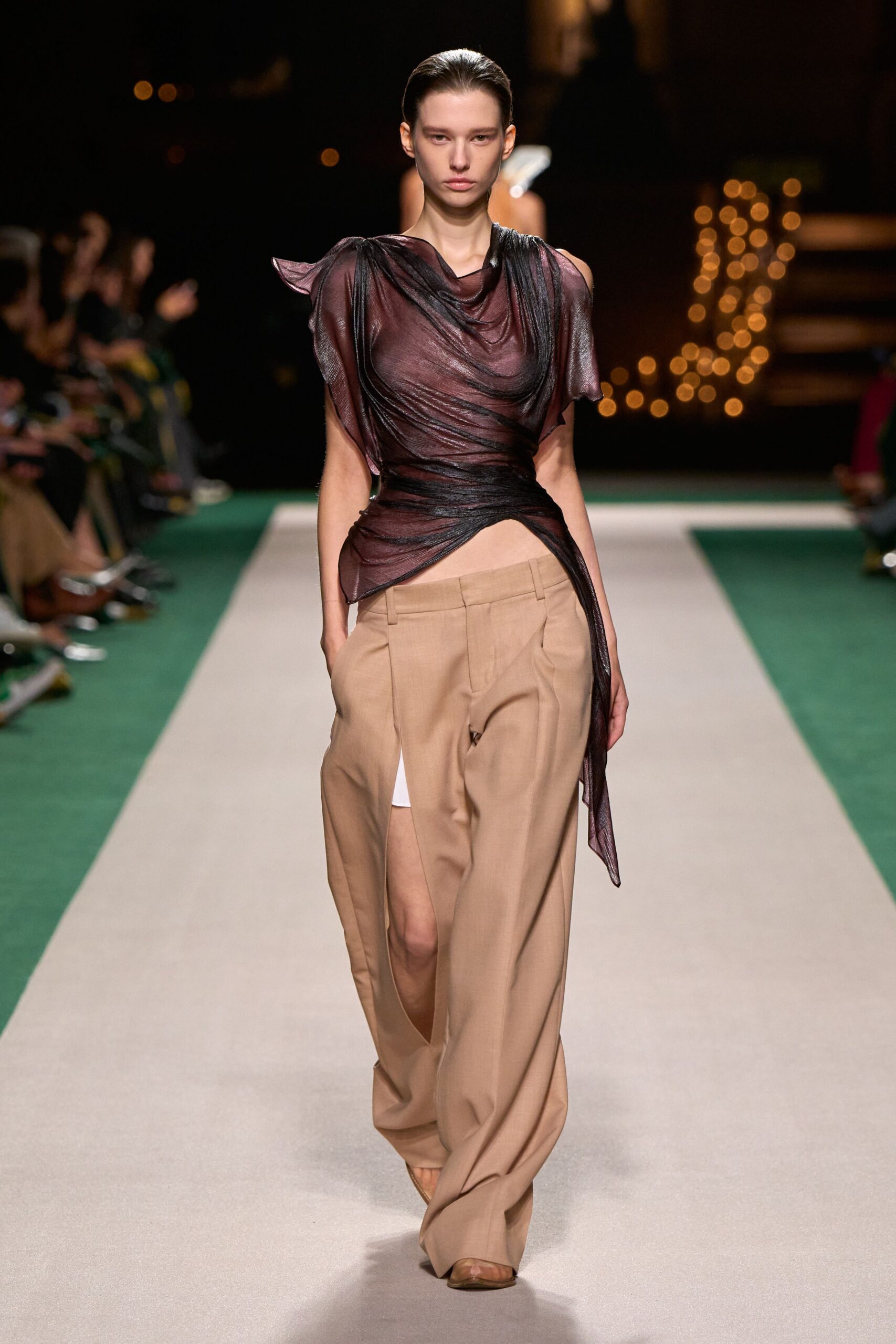 purple silk sleeveless asymmetric fitted draped flowing top