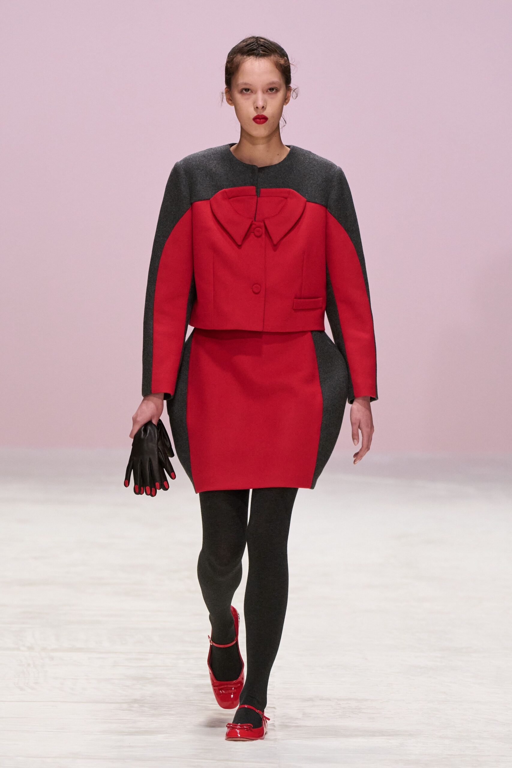 red wool long-sleeve collared structured buttoned blazer