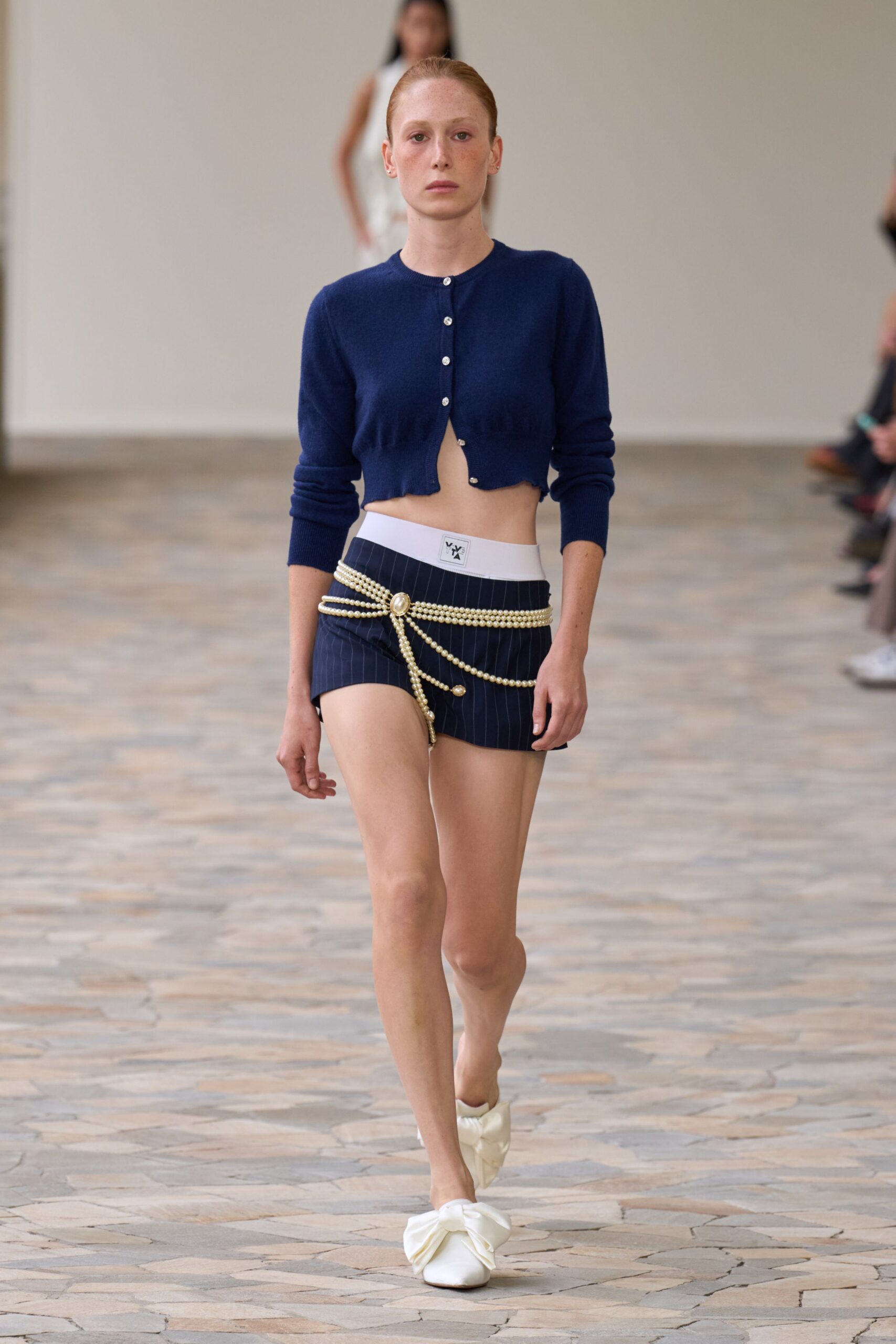 blue wool long-sleeve collared fitted cropped cardigan