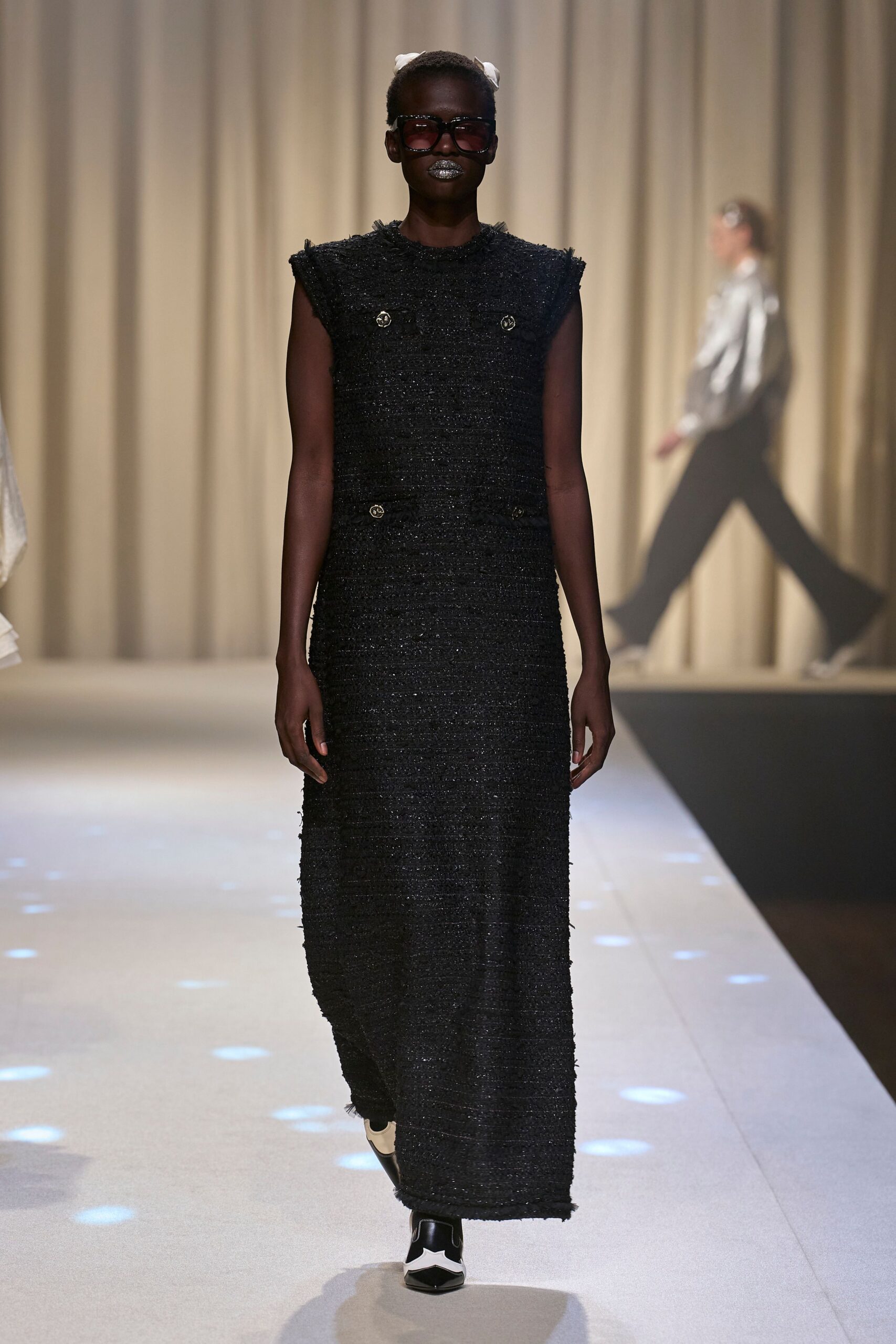 black tweed sleeveless high-neck fitted buttoned straight-leg dress