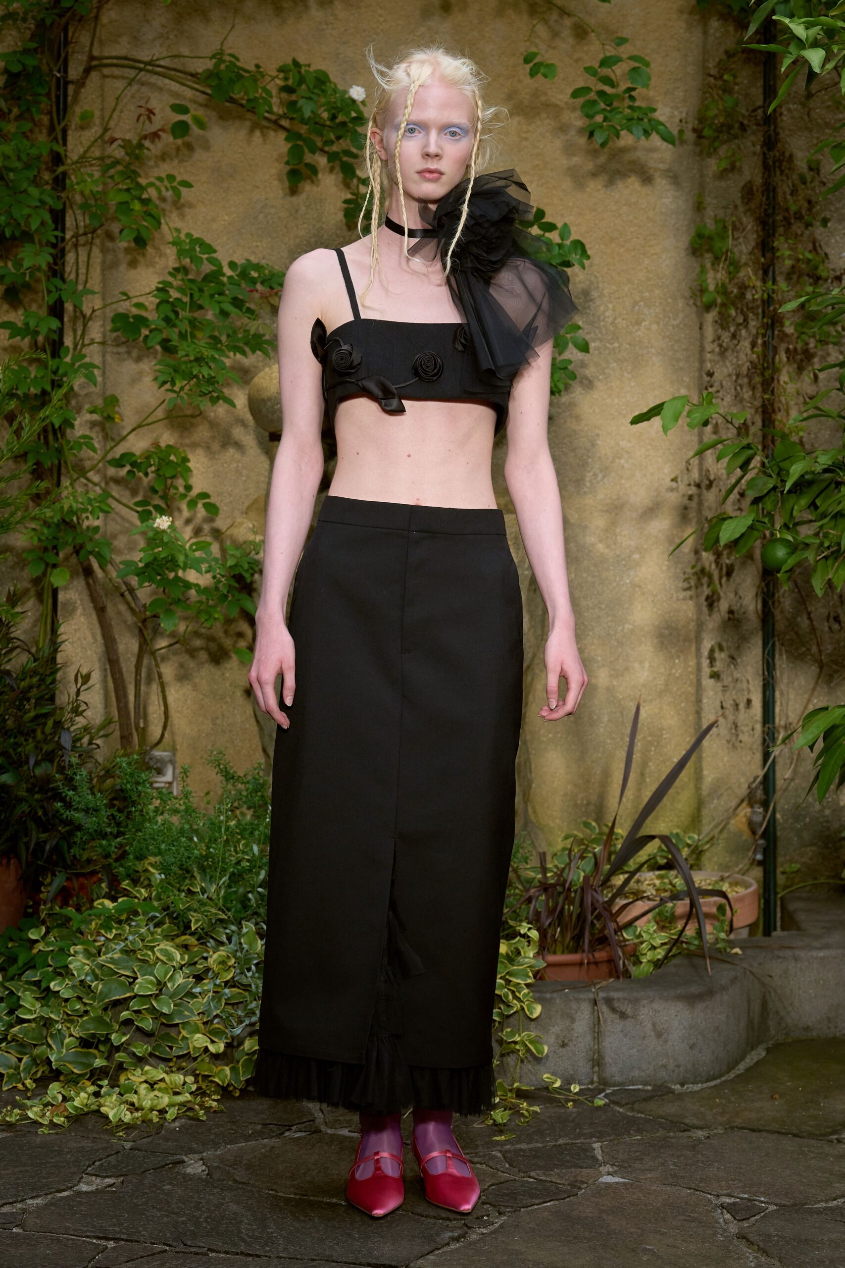 black cotton long-sleeve fitted straight-leg midi skirt